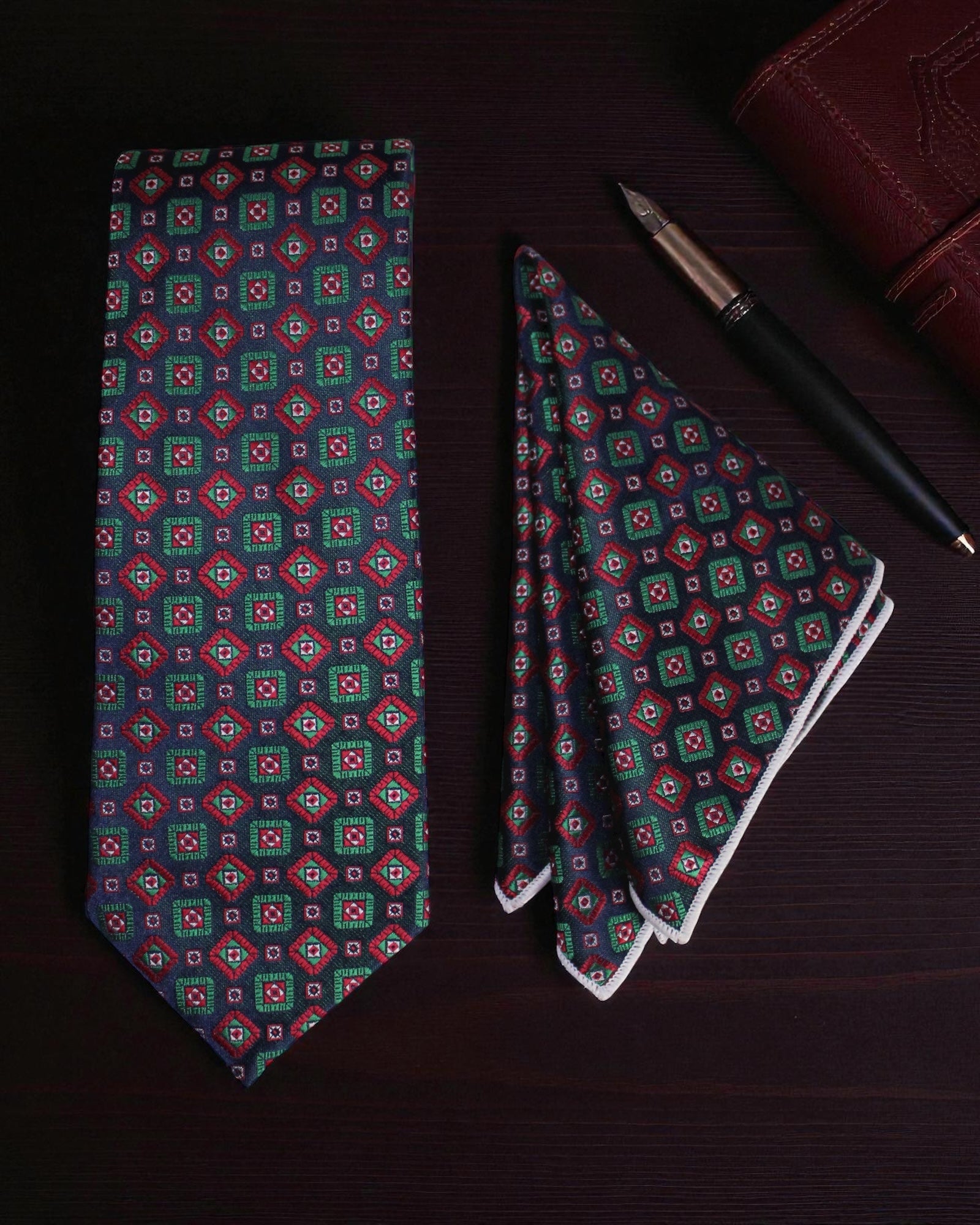 Navy Geometric MicroSilk Necktie Set with Pocket Square