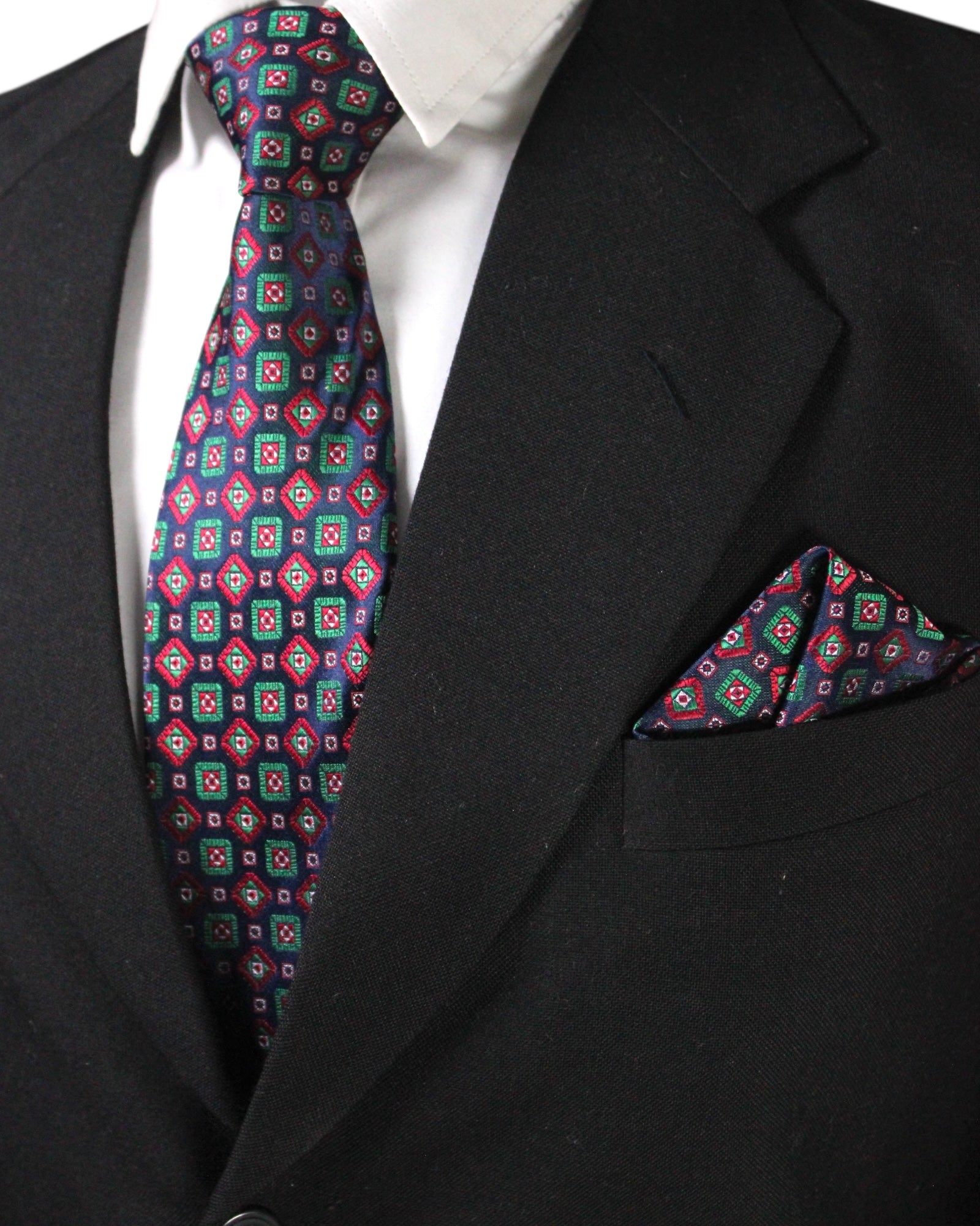 Navy Geometric MicroSilk Necktie Set with Pocket Square