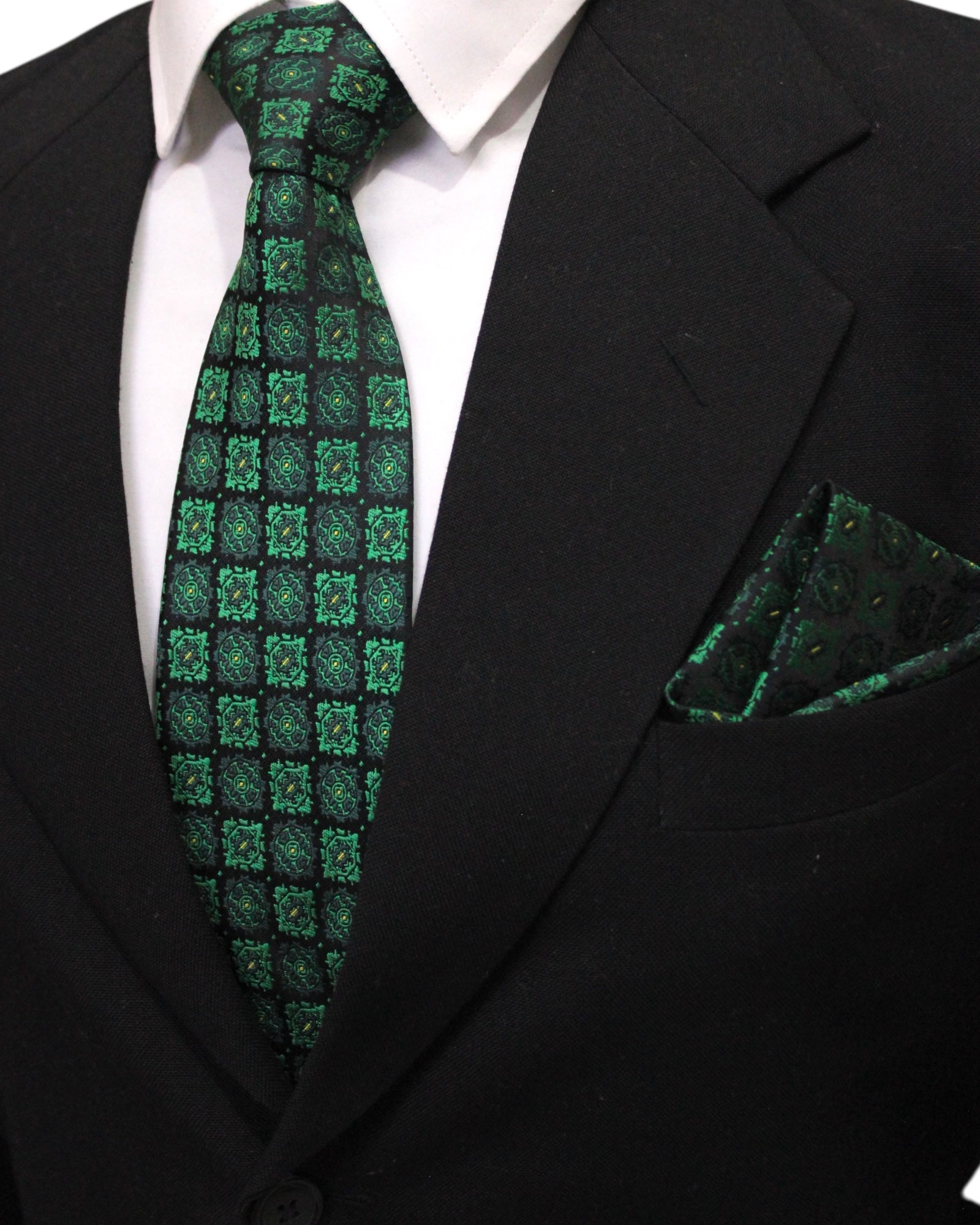 Dark Green Geometric MicroSilk Necktie & Pocket Square Set