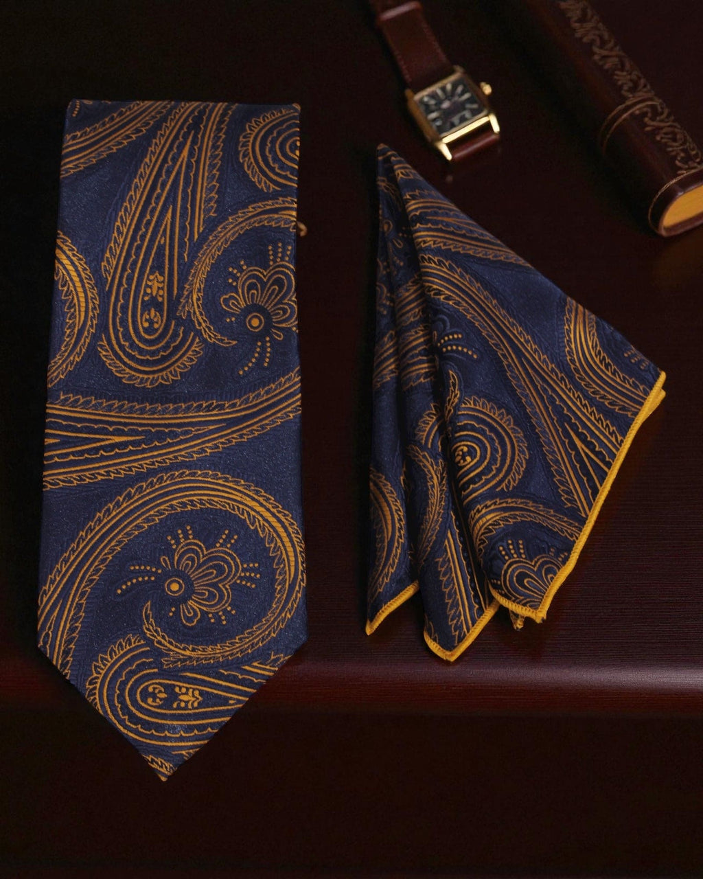 Navy Blue MicroSilk Paisley Necktie & Pocket Square Set