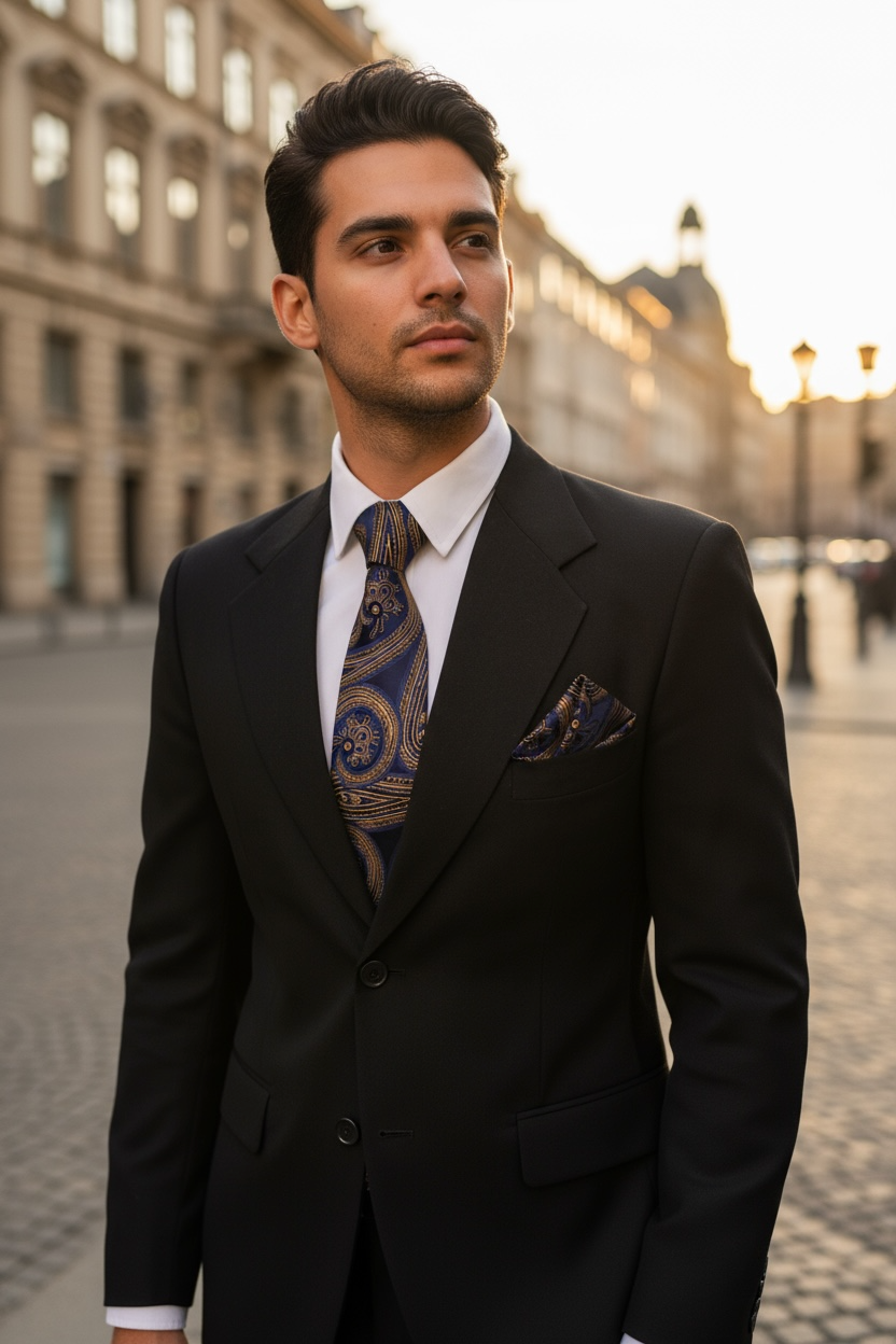 Navy Blue MicroSilk Paisley Necktie & Pocket Square Set