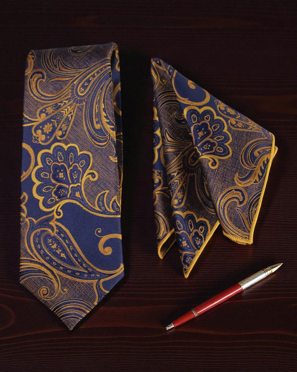 Navy Blue & Gold Paisley MicroSilk Tie with Pocket Square