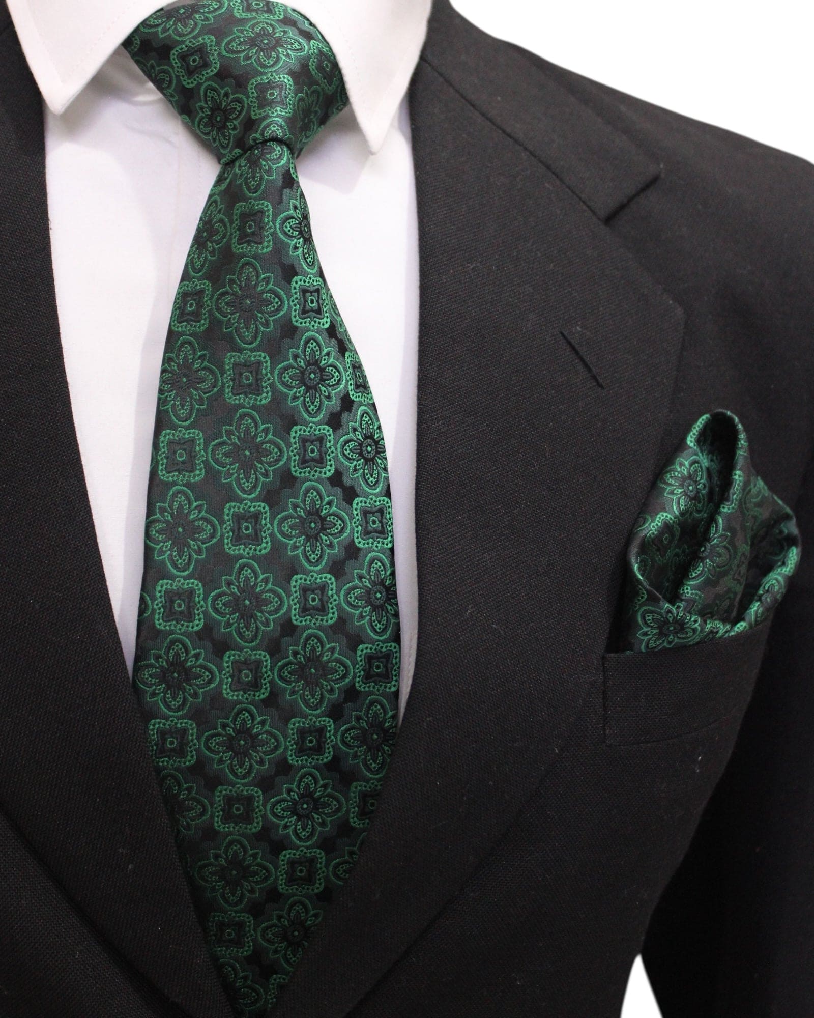 Emerald Green Geometric MicroSilk Tie with Pocket Square