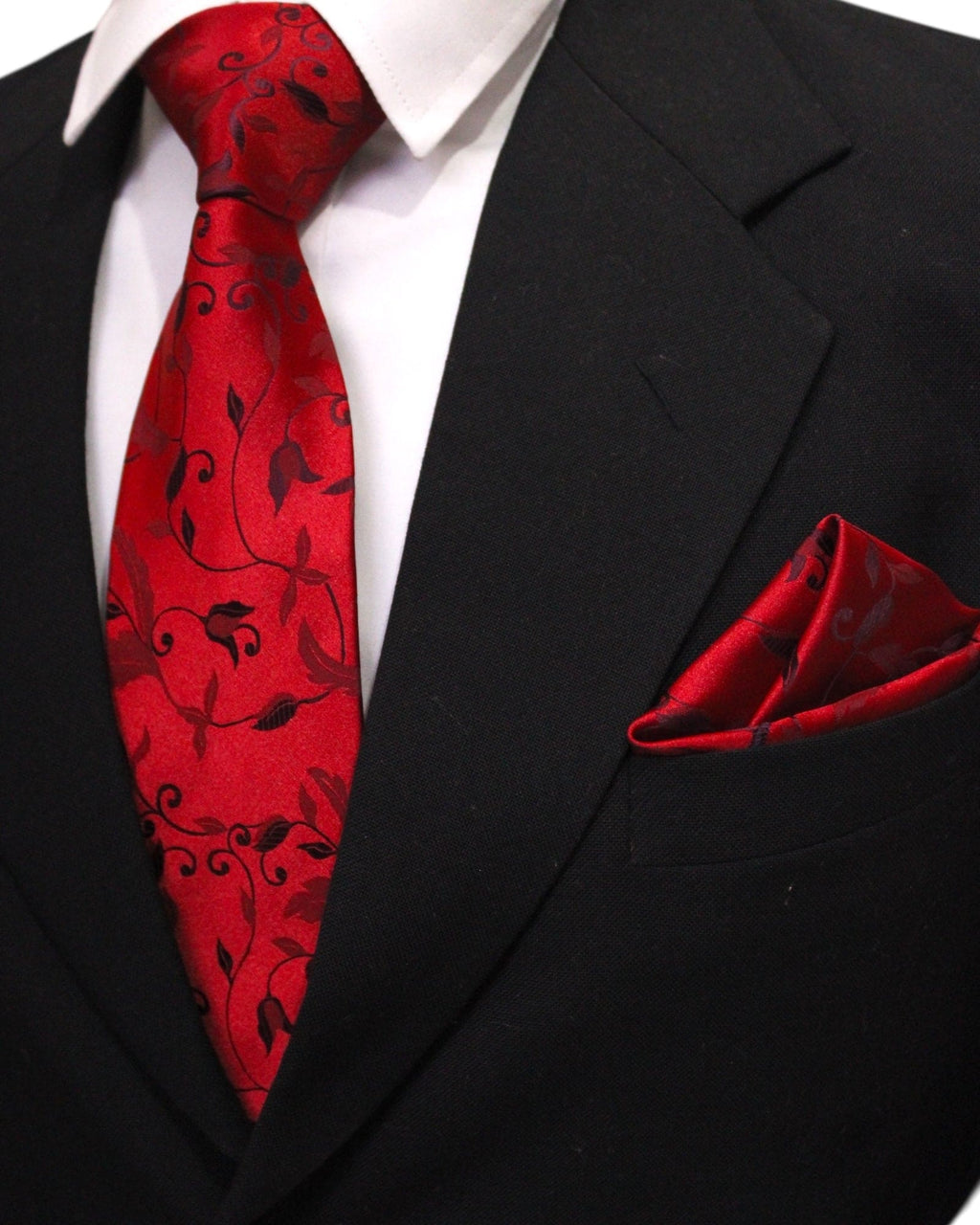 Wine Red Floral MicroSilk Tie with Pocket Square