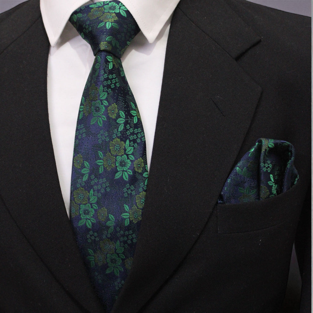 Navy Blue Floral MicroSilk Tie with Pocket Square