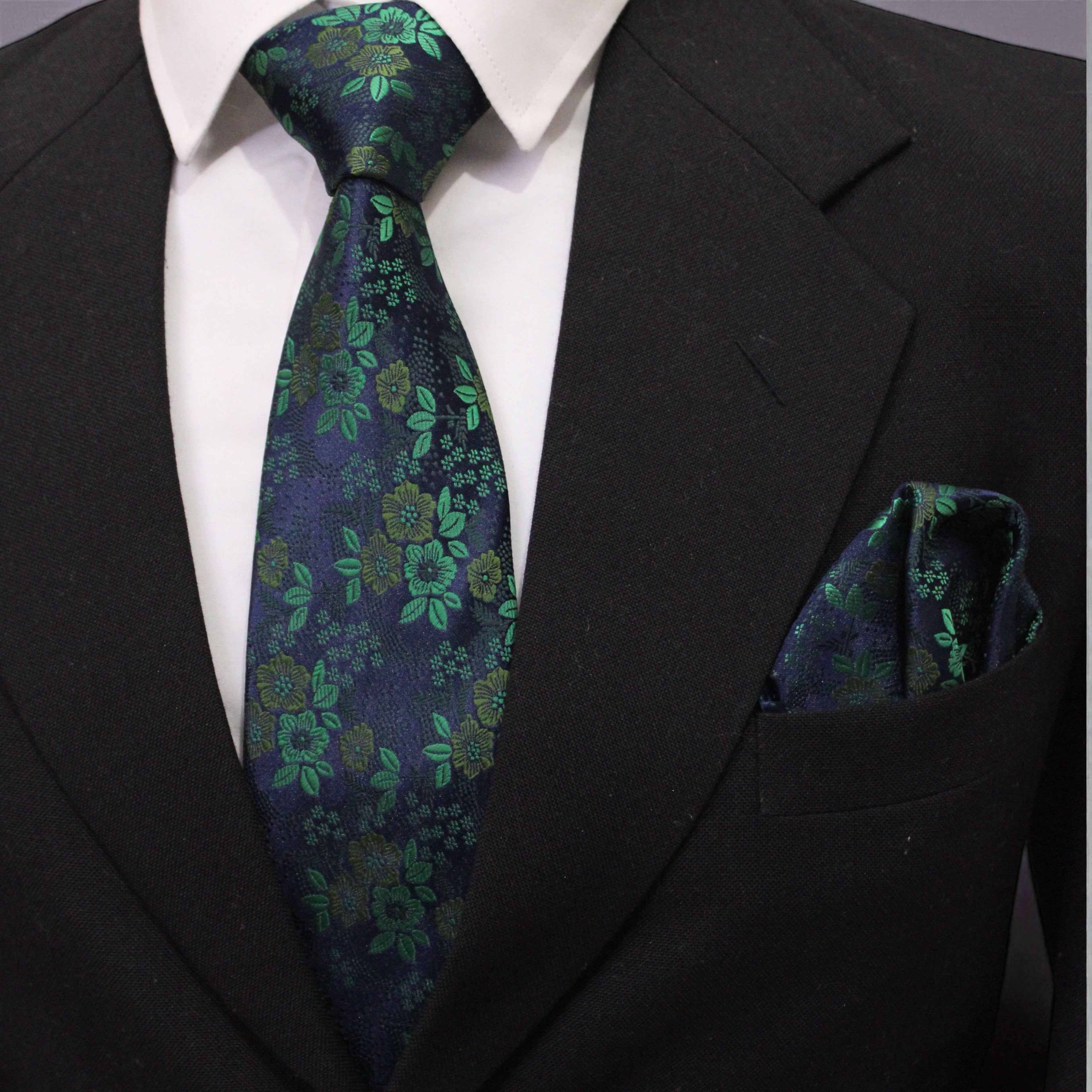 Navy Blue Floral MicroSilk Tie with Pocket Square