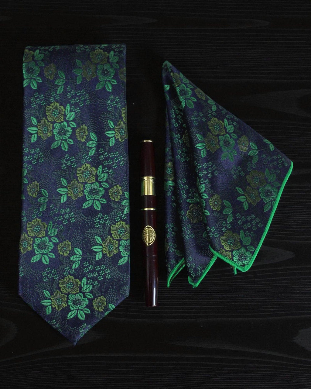 Navy Blue Floral MicroSilk Tie with Pocket Square