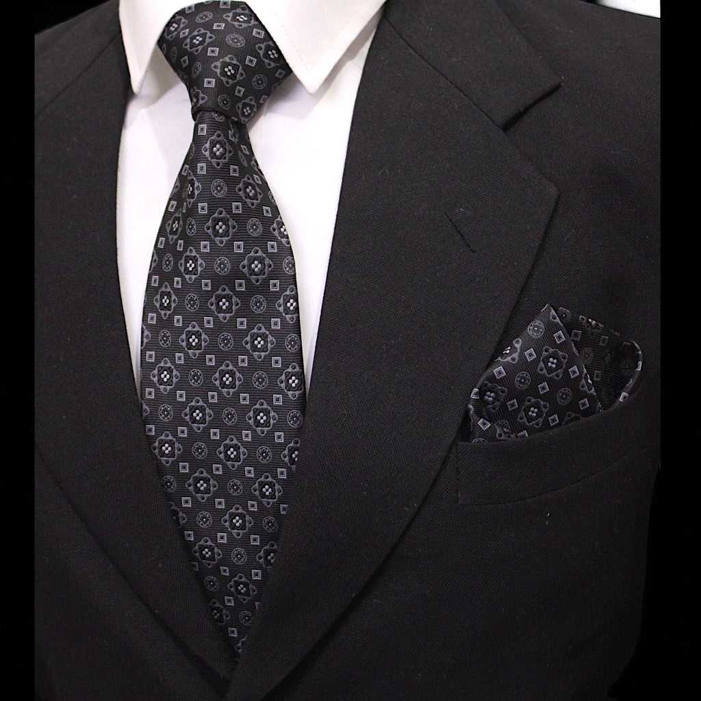 Black Geometric MicroSilk Necktie Set with Pocket Square