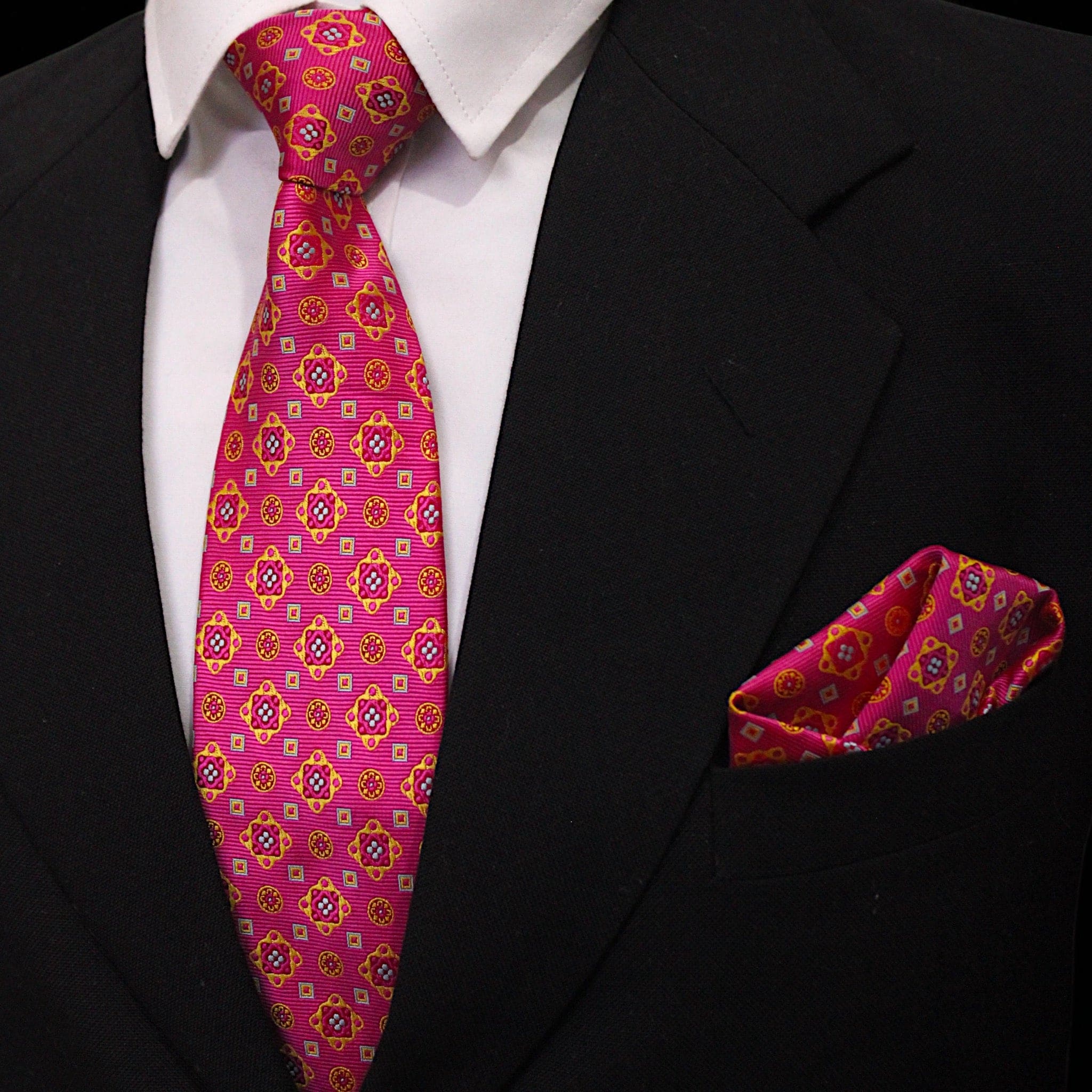 Magenta Geometric MicroSilk Necktie Set with Pocket Square