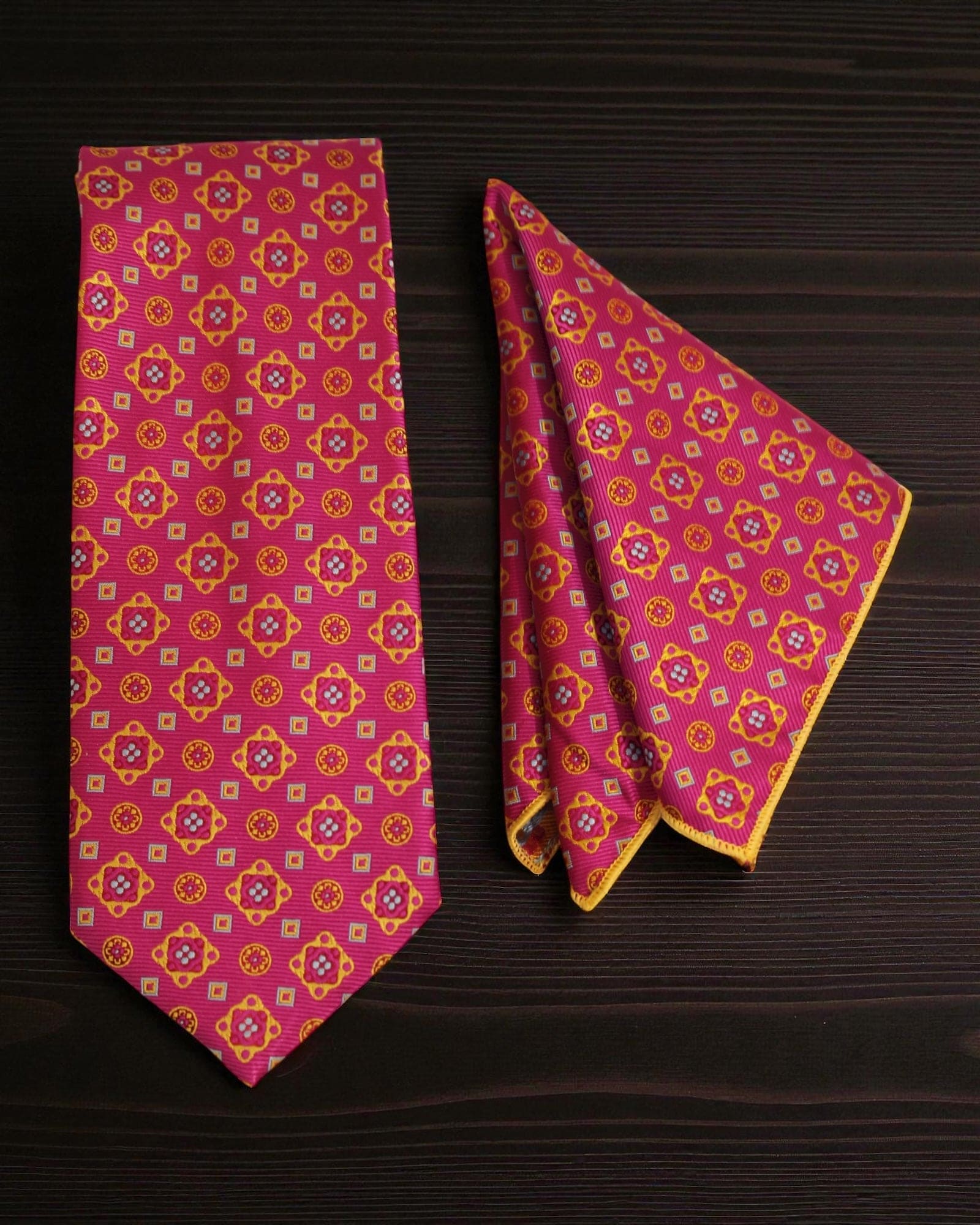 Magenta Geometric MicroSilk Necktie Set with Pocket Square