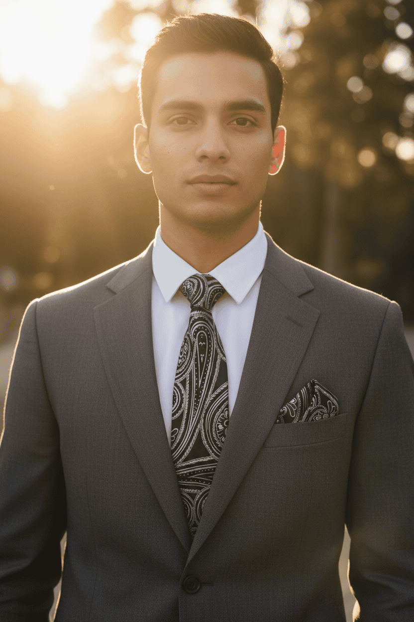 Black & Silver Paisley MicroSilk Necktie Set with Pocket Square