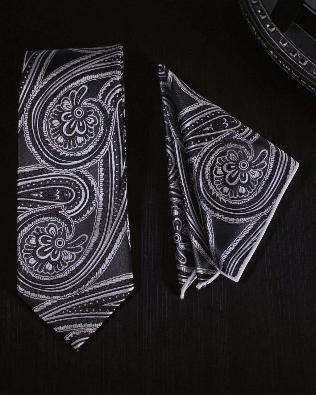 Black & Silver Paisley MicroSilk Necktie Set with Pocket Square