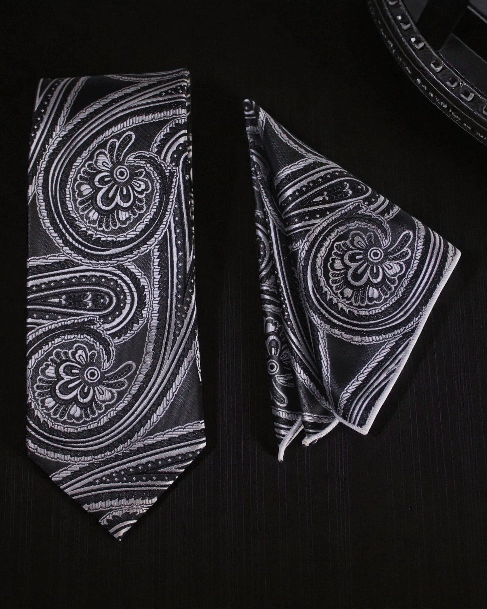 Black & Silver Paisley MicroSilk Necktie Set with Pocket Square