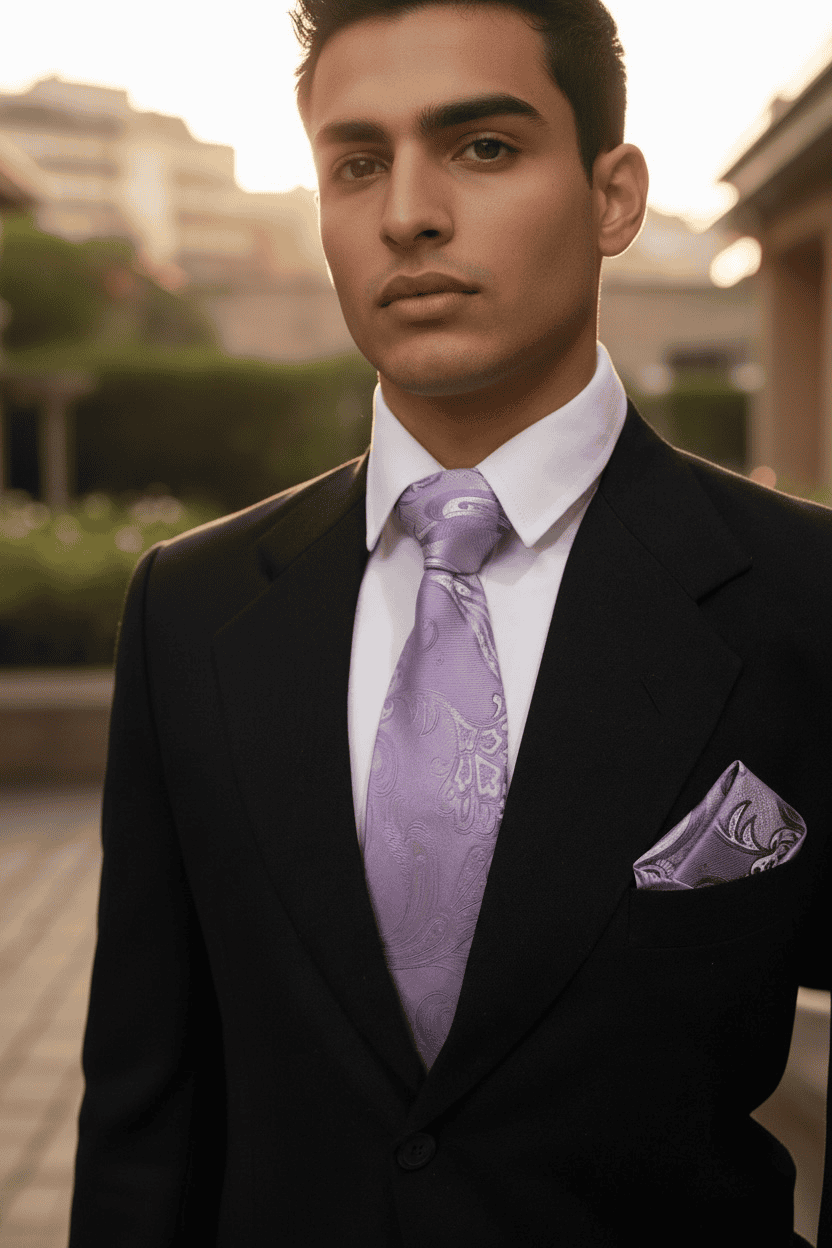 Lavender Paisley MicroSilk Necktie Set with Pocket Square