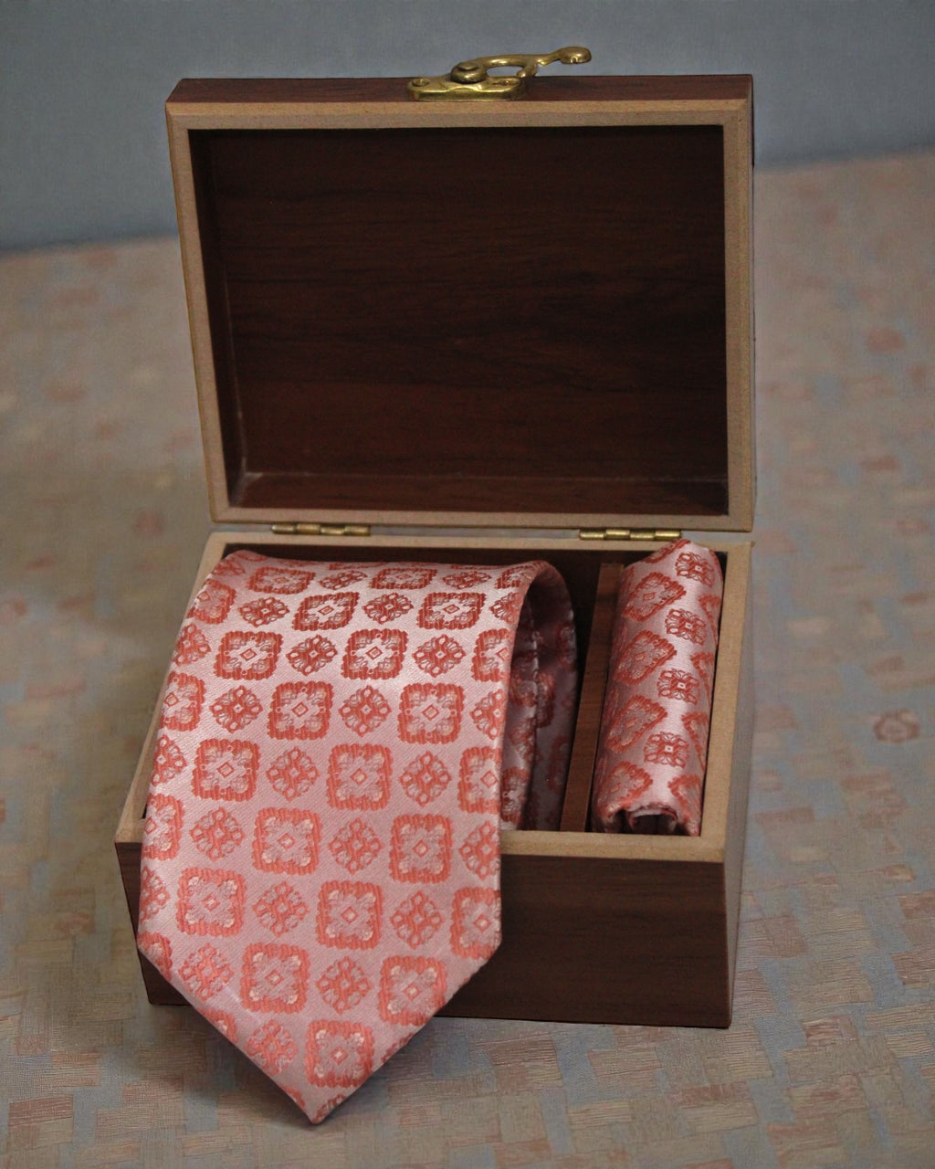 Peach Coral Geometric MicroSilk Tie & Pocket Square Set