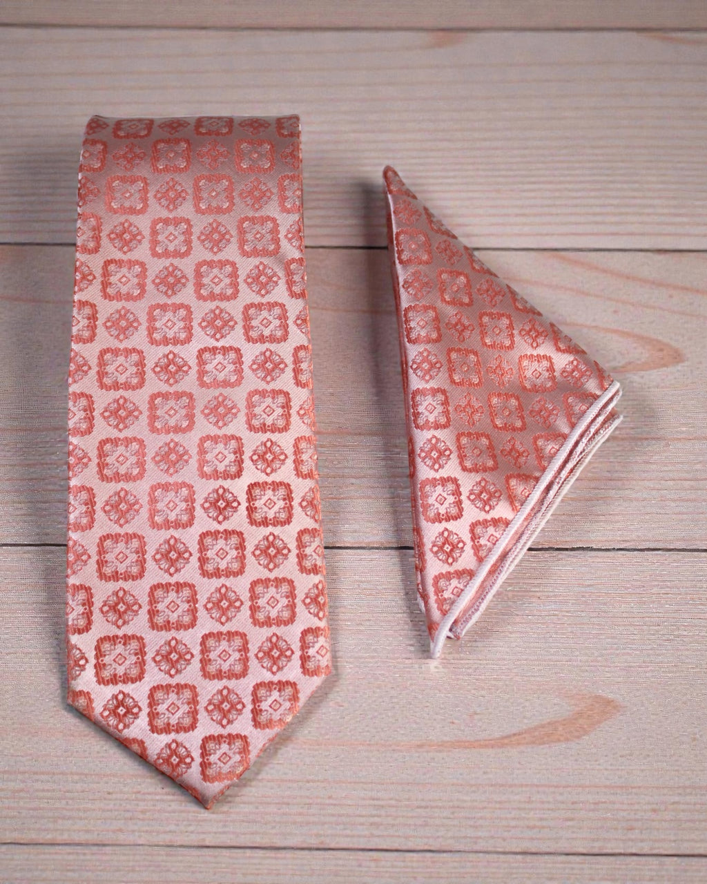 Peach Coral Geometric MicroSilk Tie & Pocket Square Set