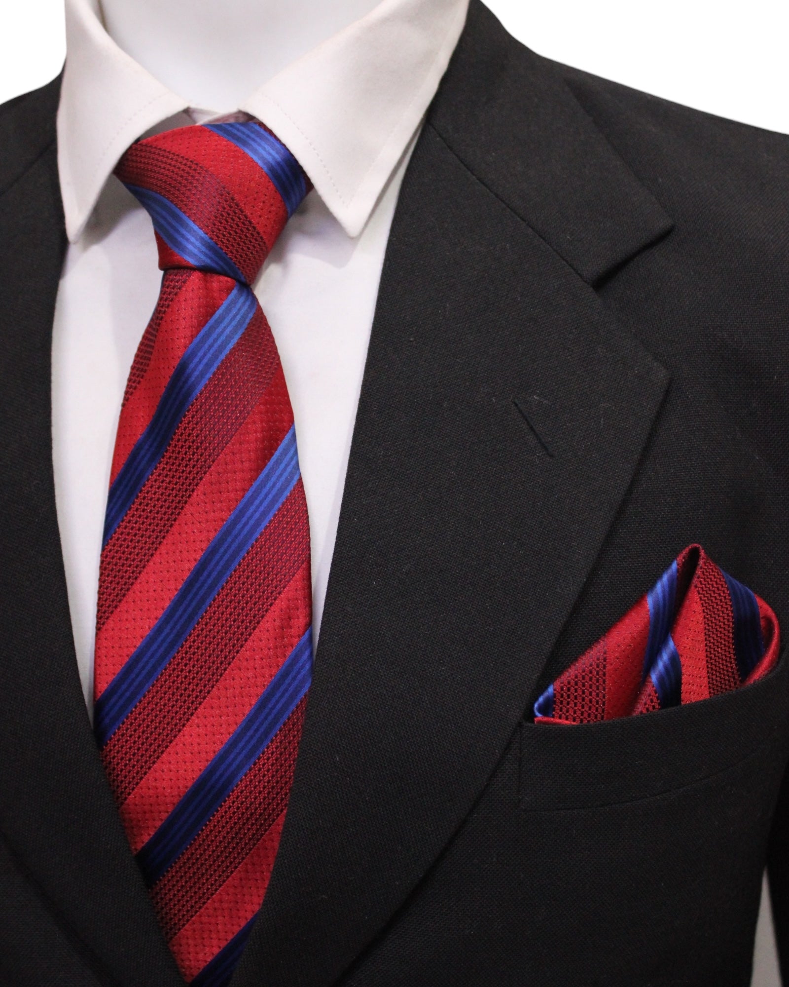 Premium Red & Blue Striped Microsilk Tie & Pocket Square Set