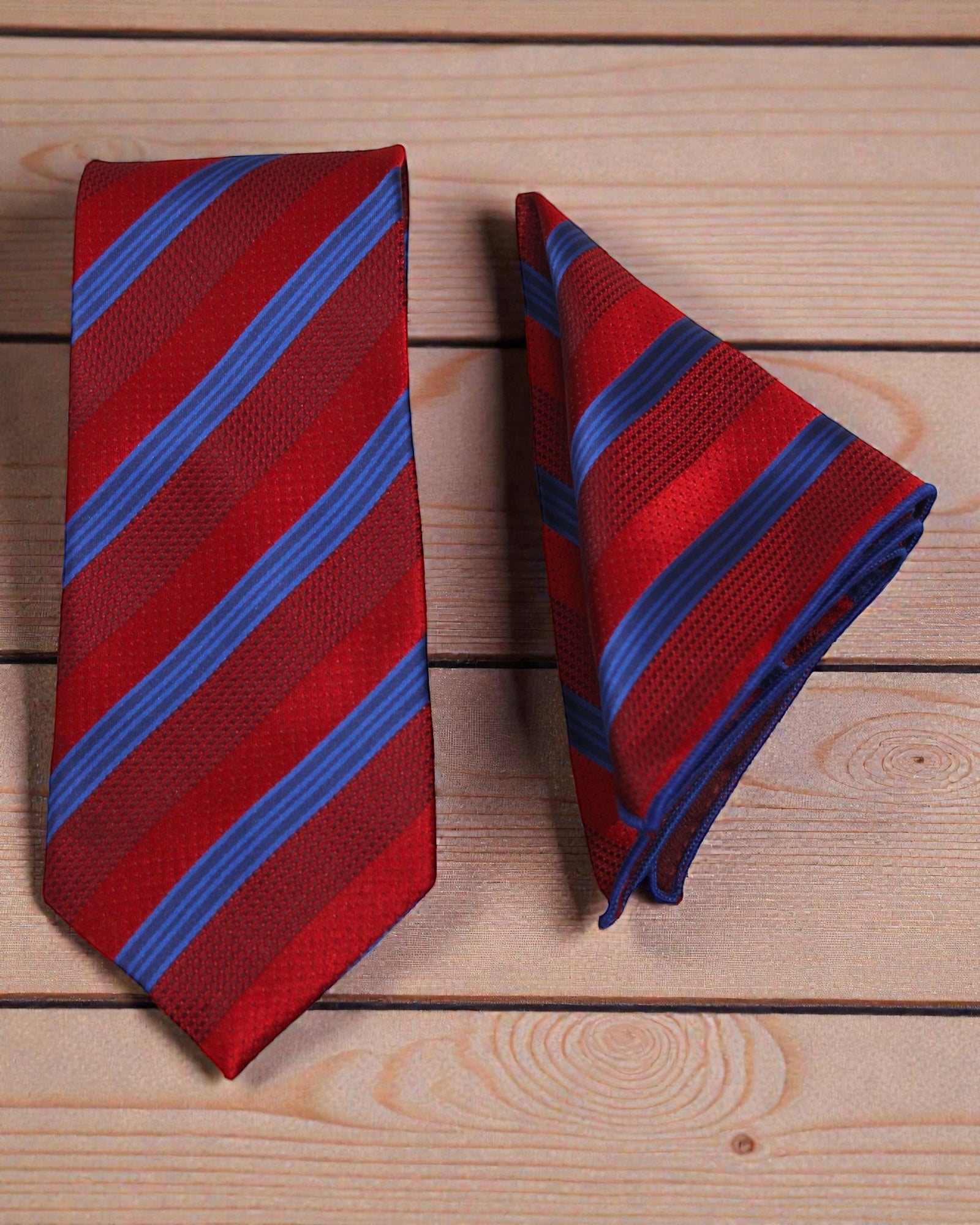Premium Red & Blue Striped Microsilk Tie & Pocket Square Set