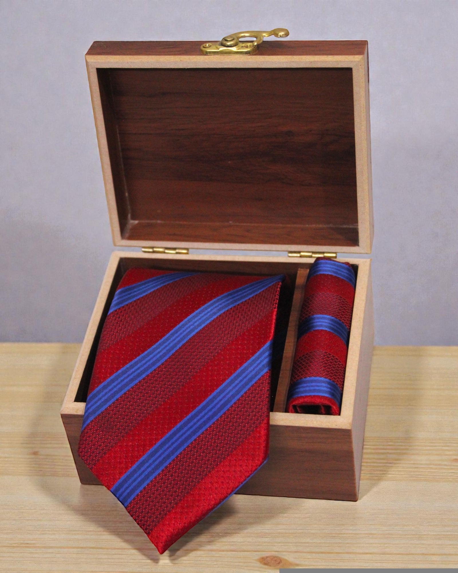Premium Red & Blue Striped Microsilk Tie & Pocket Square Set