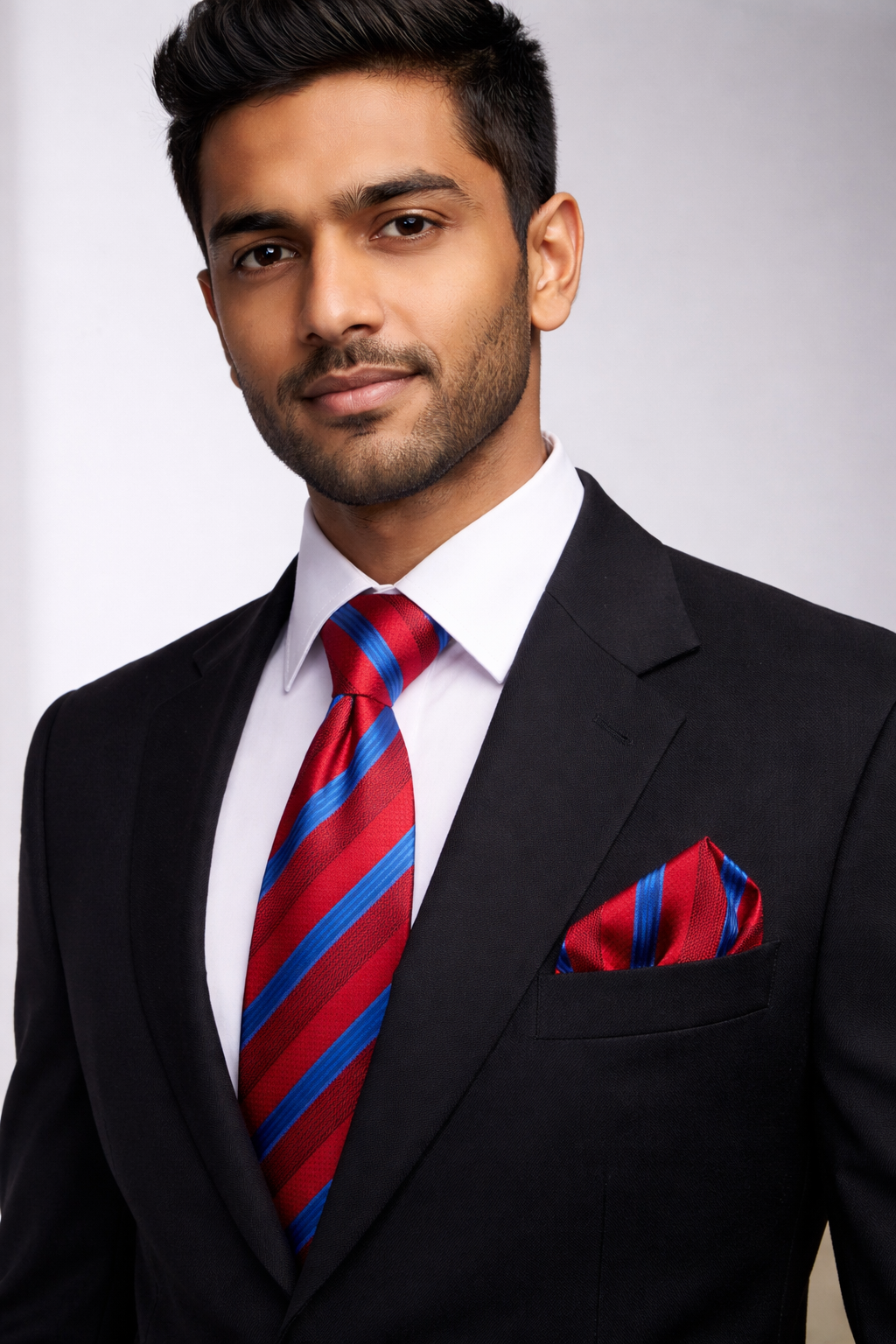 Premium Red & Blue Striped Microsilk Tie & Pocket Square Set