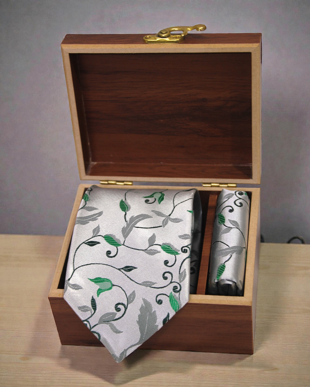 Premium Microsilk Floral Tie & Pocket Square Set in Wooden Gift Box