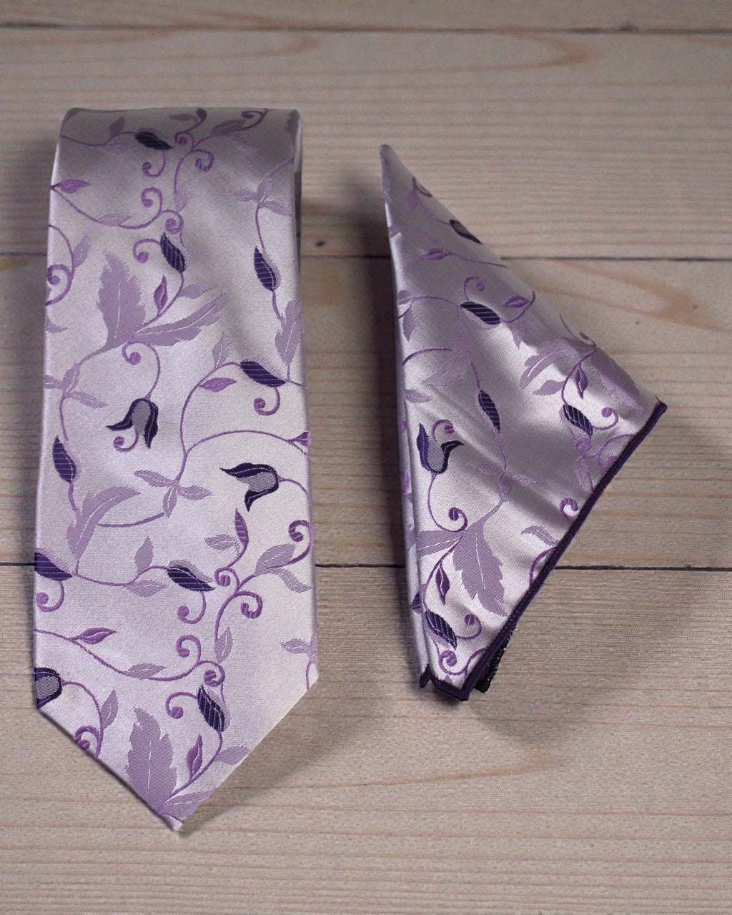 Luxury Microsilk Purple Floral Tie & Pocket Square Set with Wooden Gift Box – Premium Men's Formal Necktie