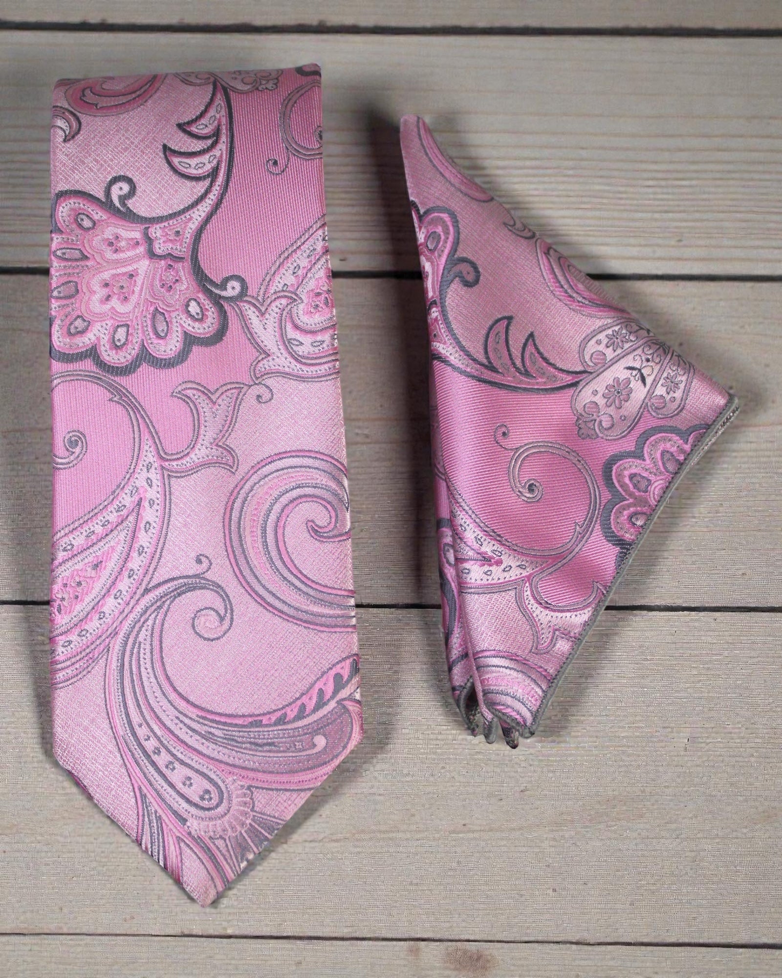 Luxury Pink Paisley Microsilk Tie & Pocket Square Set in Wooden Gift Box