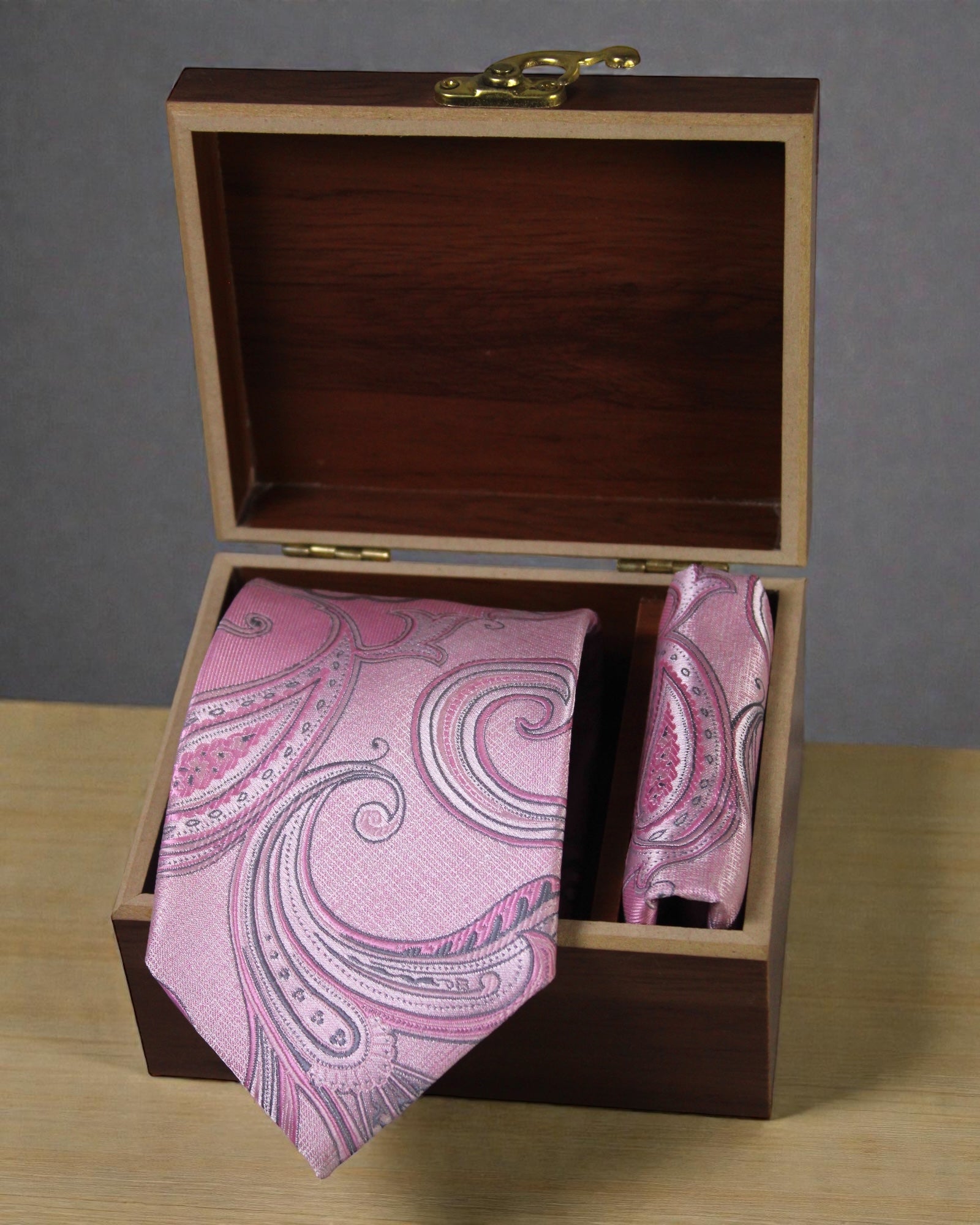 Luxury Pink Paisley Microsilk Tie & Pocket Square Set in Wooden Gift Box