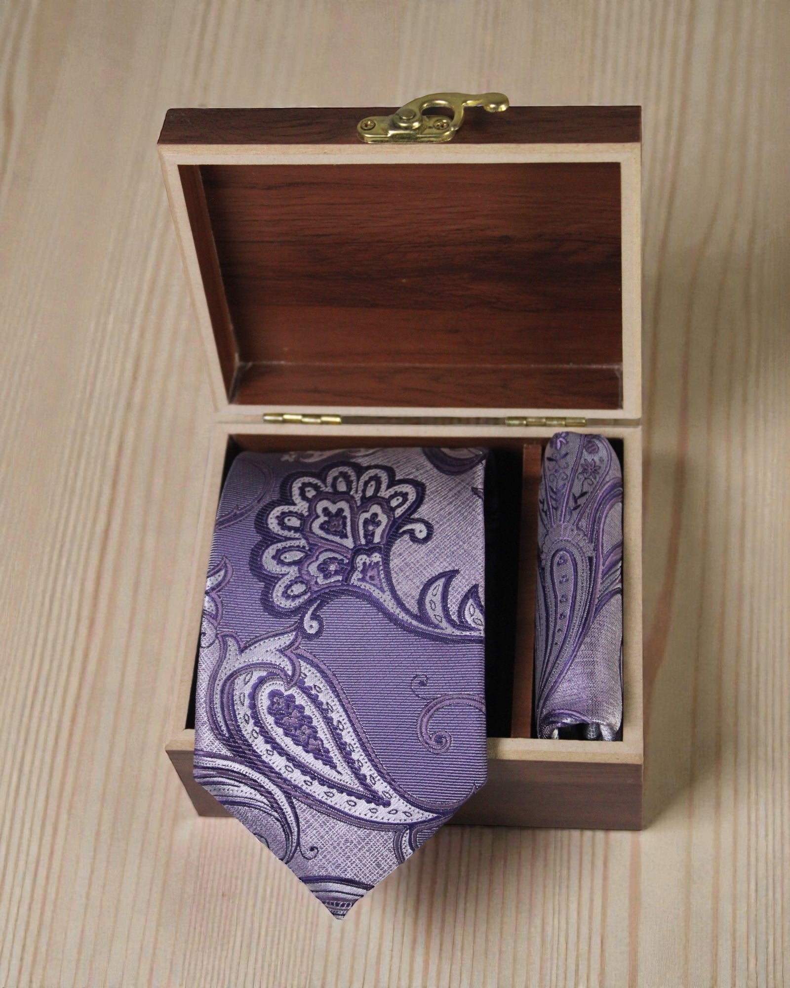 Royal Purple Paisley Microsilk Tie & Pocket Square Set with Wooden Gift Box