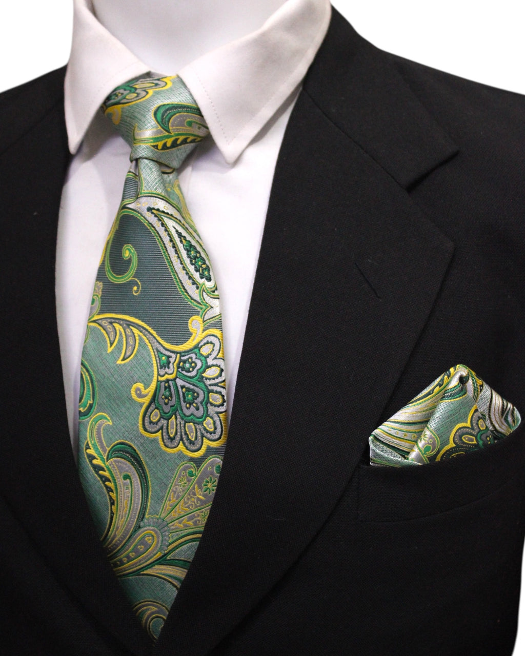 Emerald Green Paisley Microsilk Tie & Pocket Square Set with Wooden Gift Box