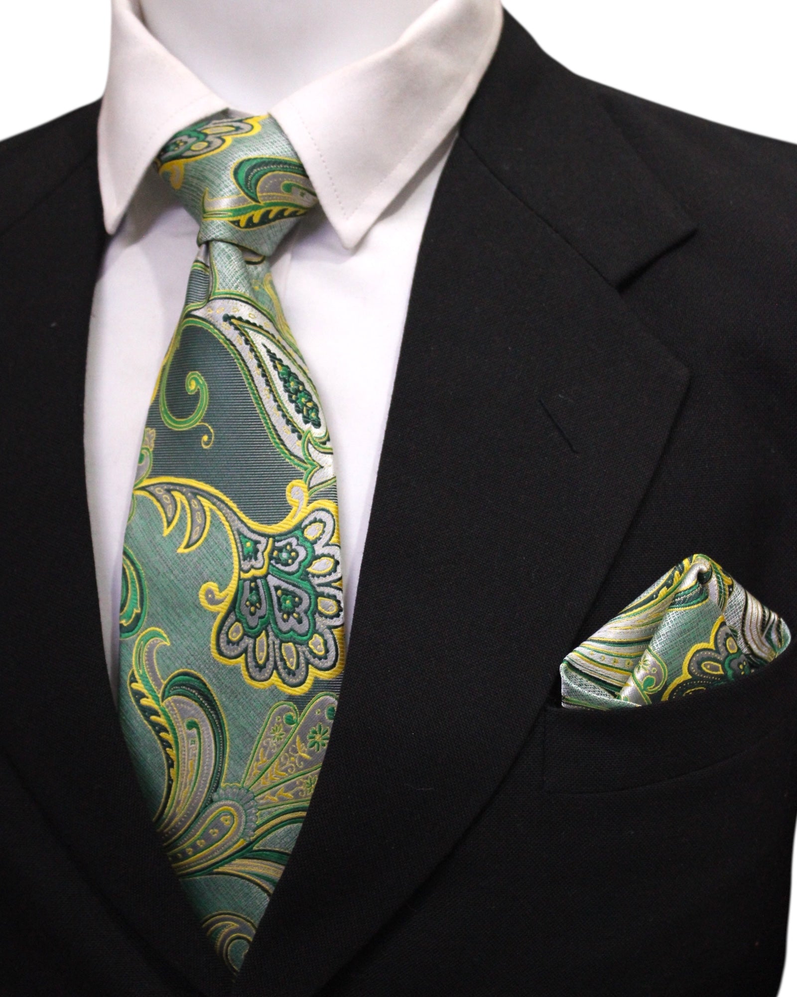 Emerald Green Paisley Microsilk Tie & Pocket Square Set with Wooden Gift Box