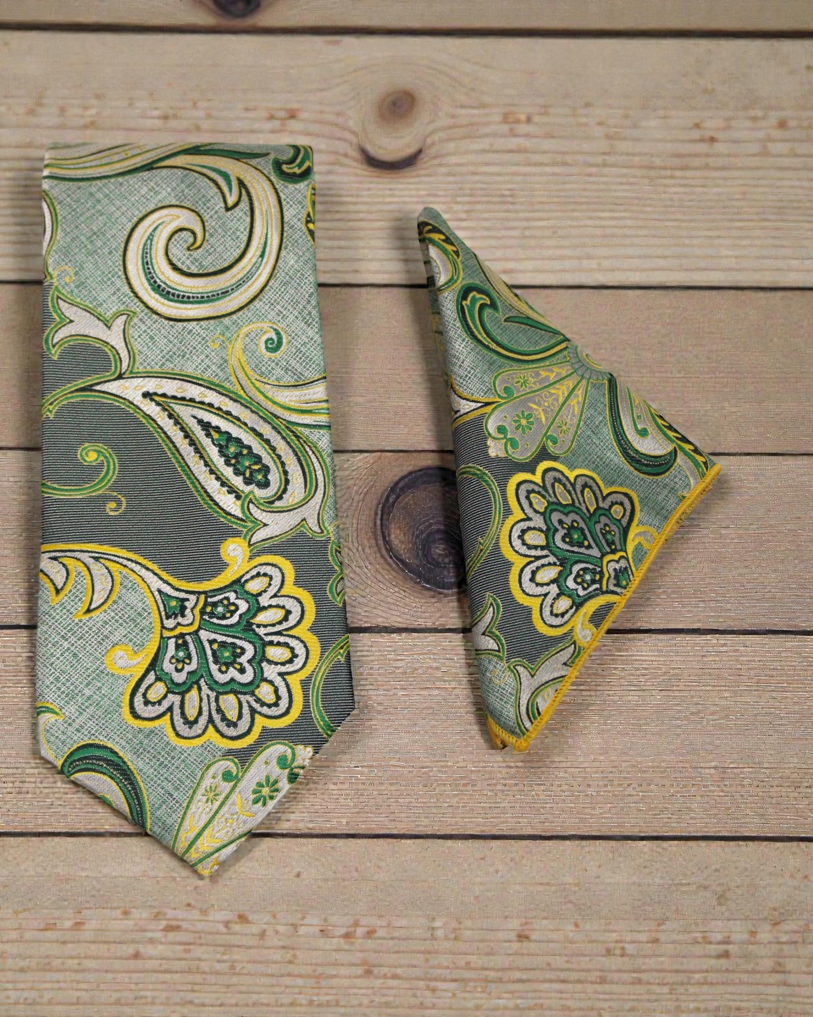 Emerald Green Paisley Microsilk Tie & Pocket Square Set with Wooden Gift Box