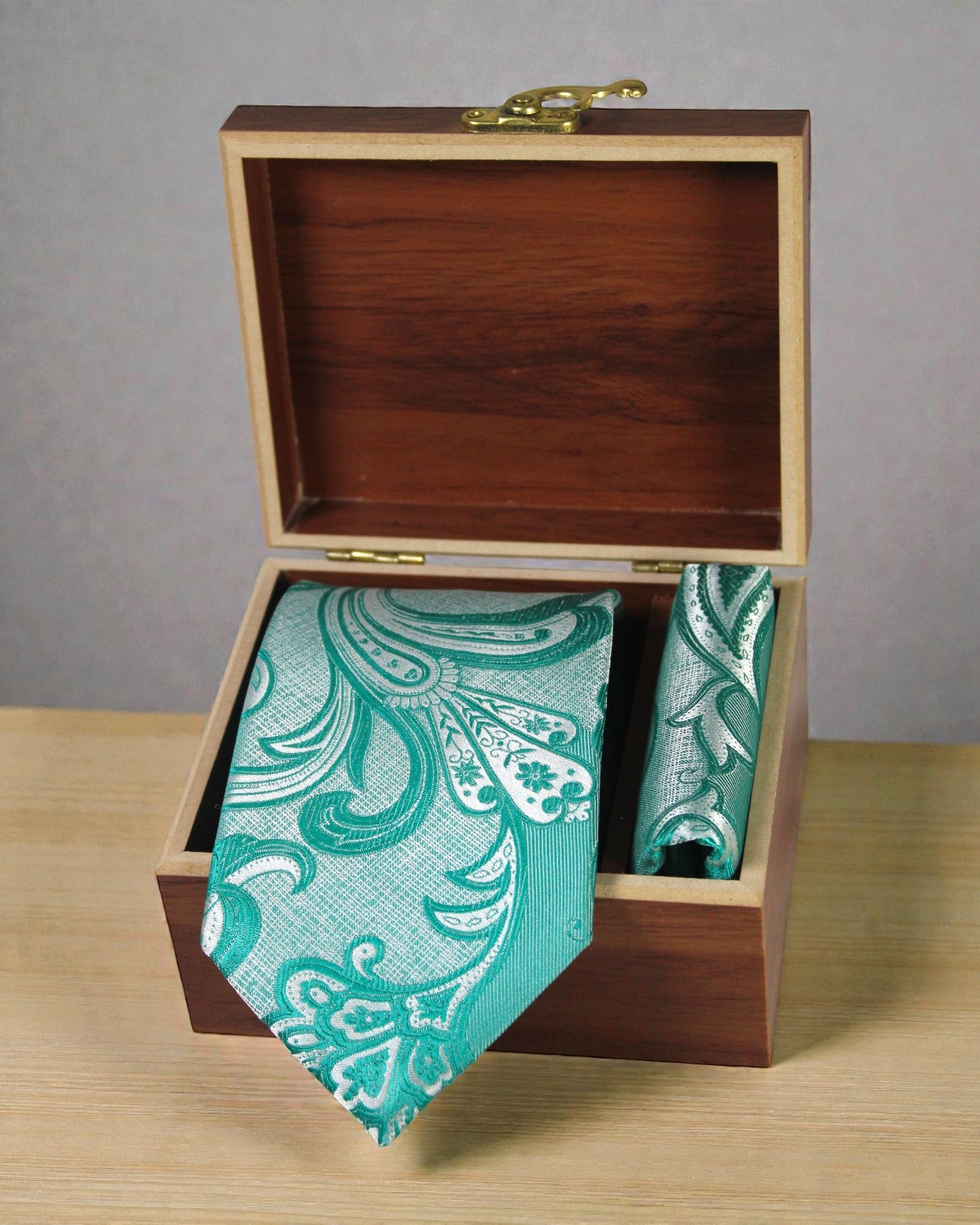 Teal Green Paisley Microsilk Tie & Pocket Square Set in Wooden Gift Box
