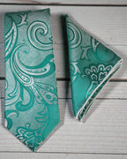 Teal Green Paisley Microsilk Tie & Pocket Square Set 