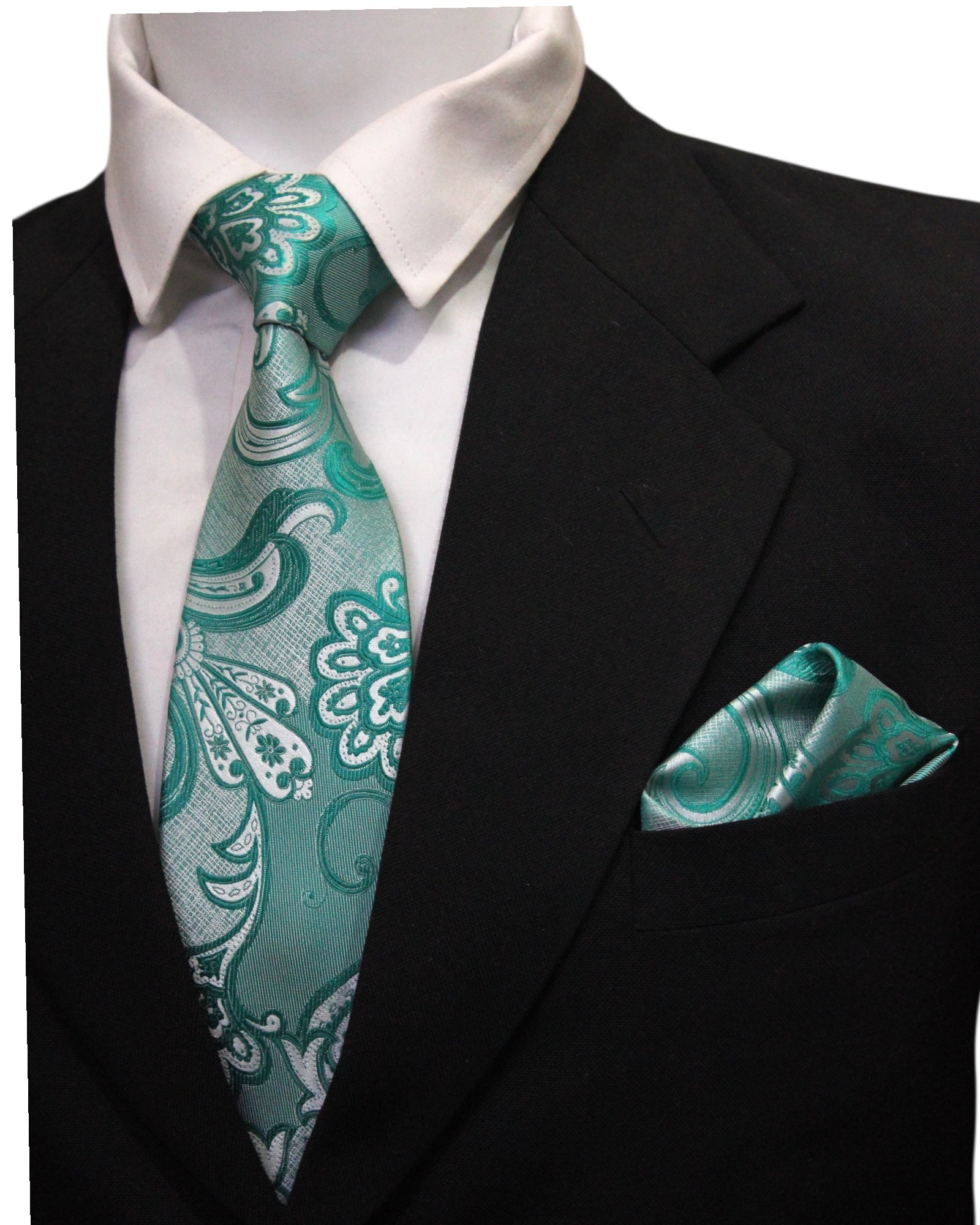 Teal Green Paisley Microsilk Tie & Pocket Square Set in Wooden Gift Box
