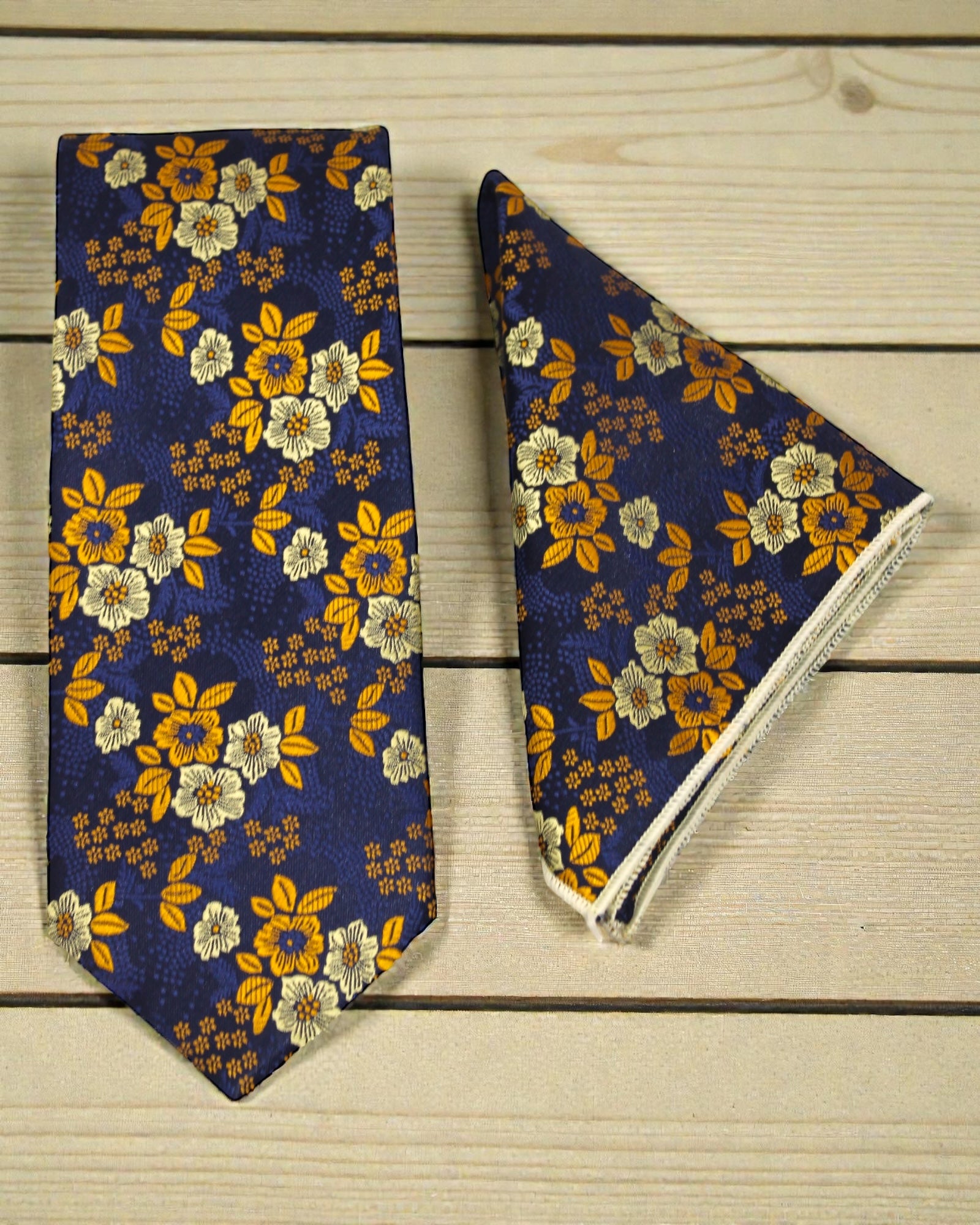 Navy Blue & Gold Floral Microsilk Tie & Pocket Square Set in Wooden Gift Box