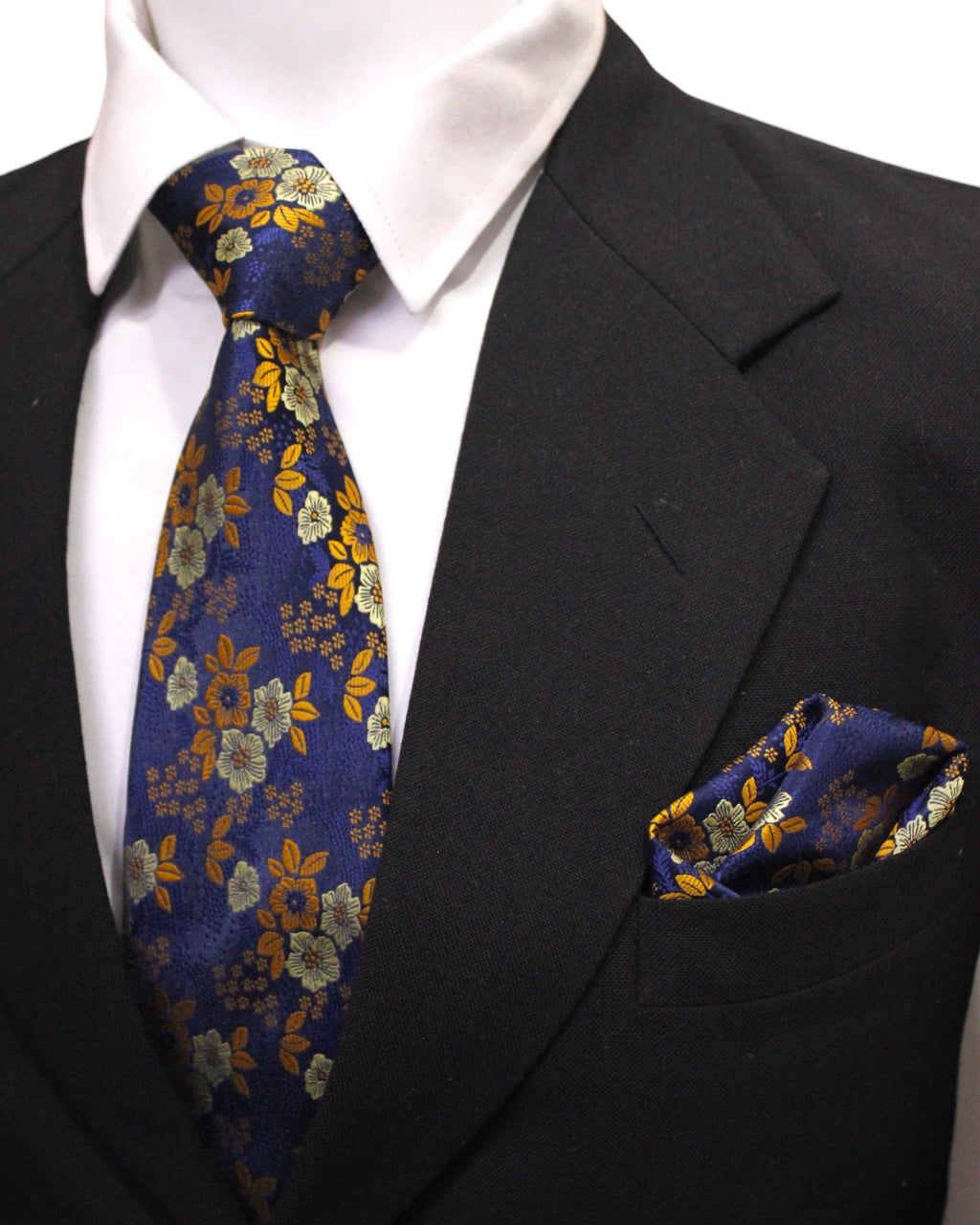Navy Blue & Gold Floral Microsilk Tie & Pocket Square Set 