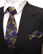 Navy Blue & Gold Floral Microsilk Tie & Pocket Square Set 