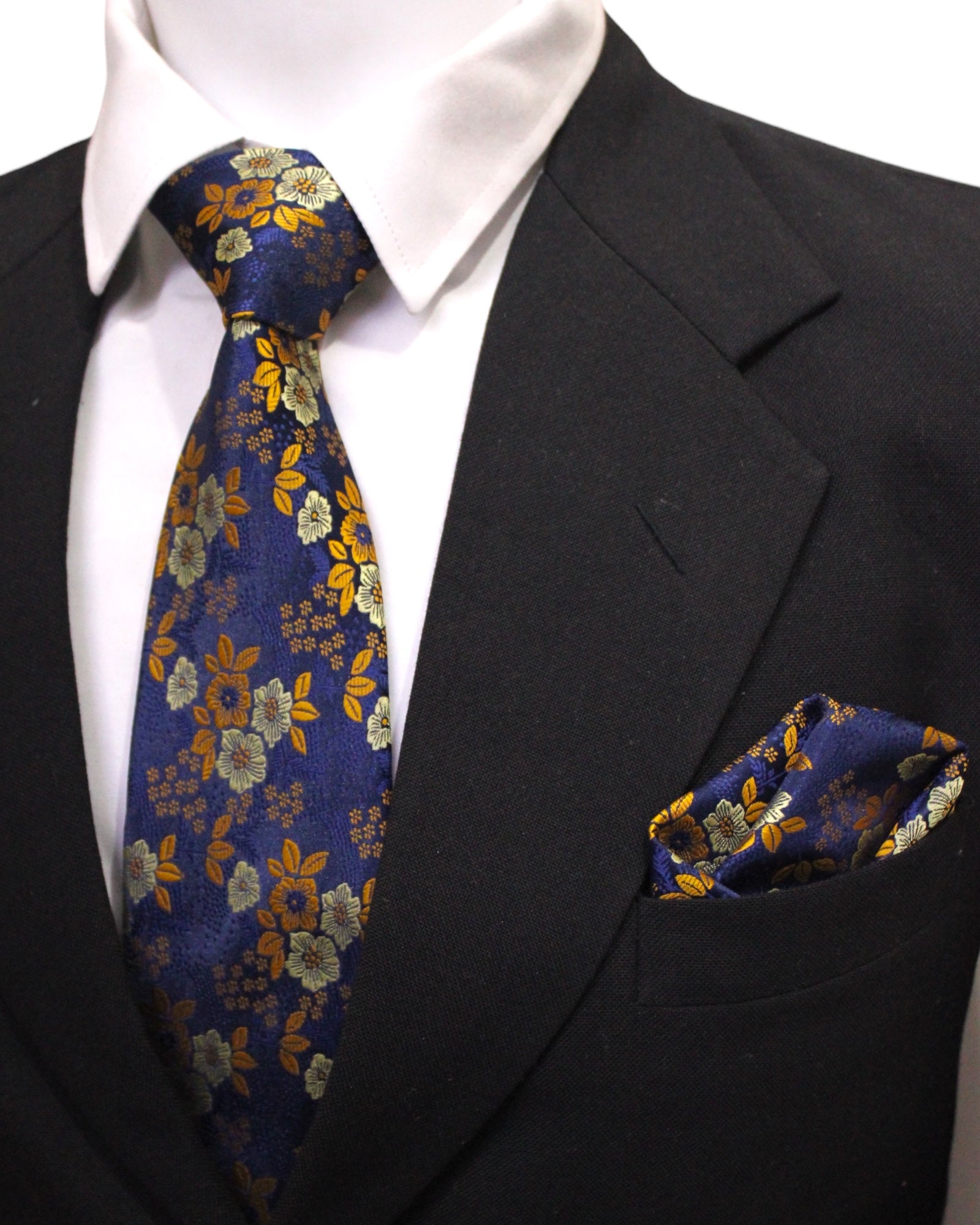 Navy Blue & Gold Floral Microsilk Tie & Pocket Square Set in Wooden Gift Box
