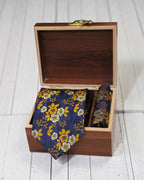Navy Blue & Gold Floral Microsilk Tie & Pocket Square Set 