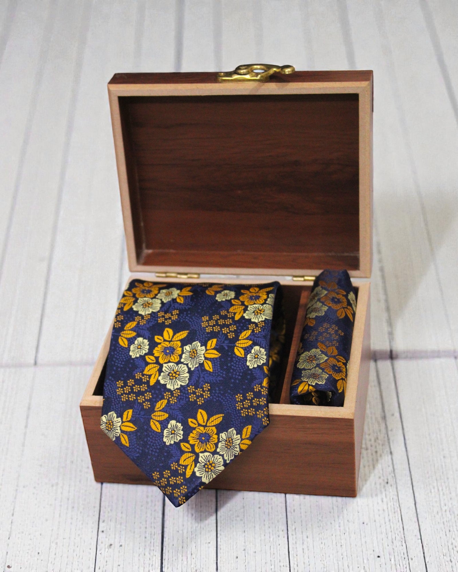 Navy Blue & Gold Floral Microsilk Tie & Pocket Square Set in Wooden Gift Box