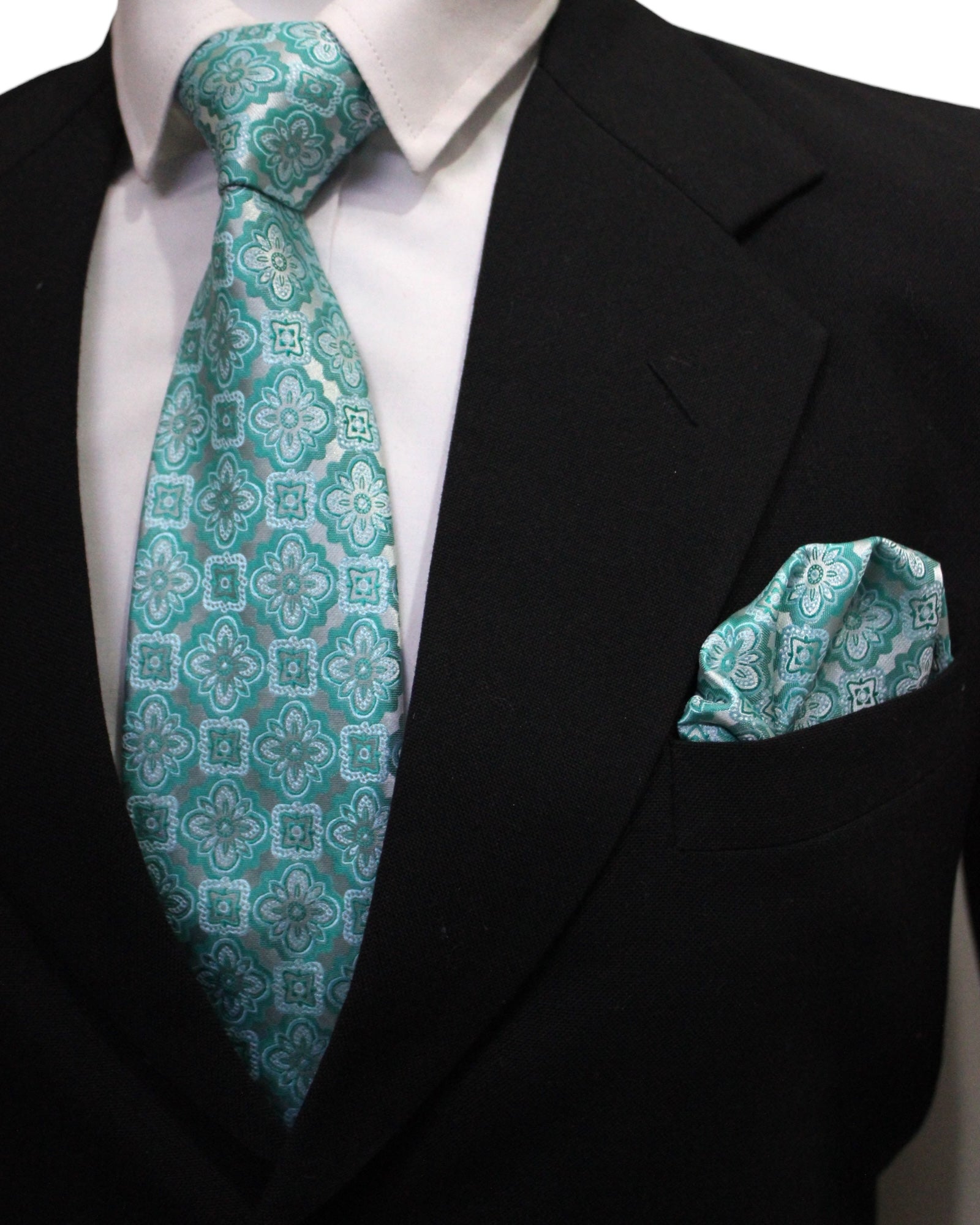 Teal Floral Microsilk Tie & Pocket Square Set in Wooden Gift Box