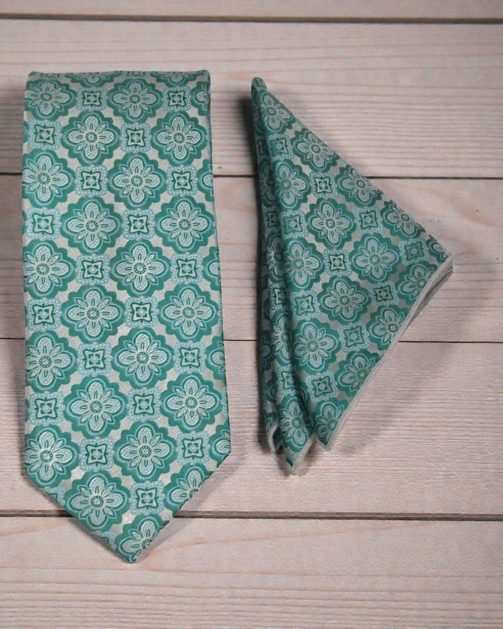 Teal Floral Microsilk Tie & Pocket Square Set 