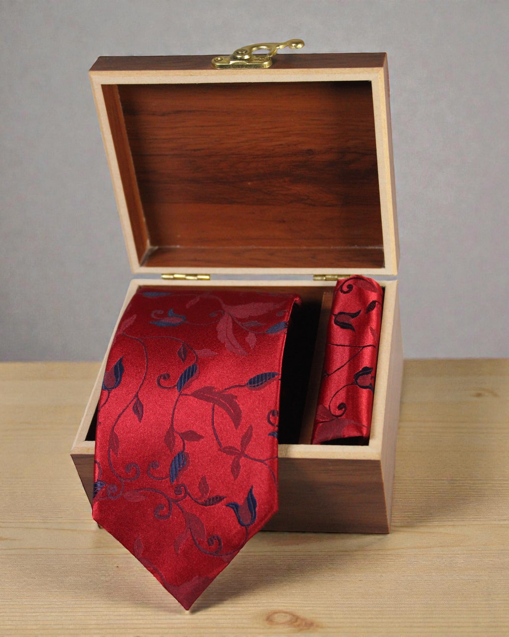 Crimson Red Floral Microsilk Tie & Pocket Square Set in Wooden Gift Box