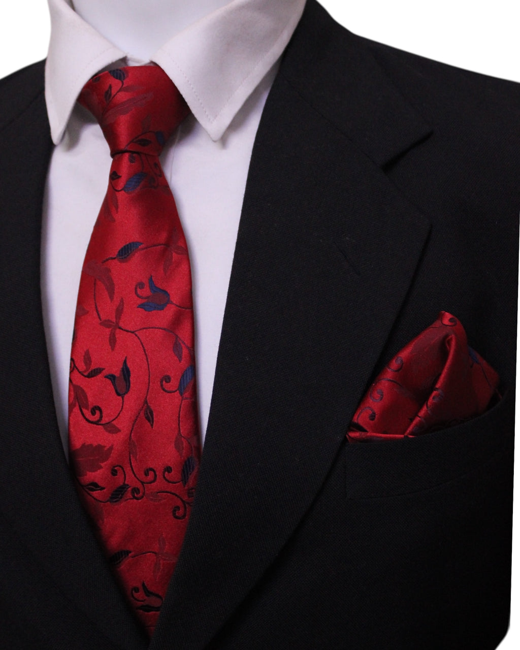 Crimson Red Floral Microsilk Tie & Pocket Square Set in Wooden Gift Box
