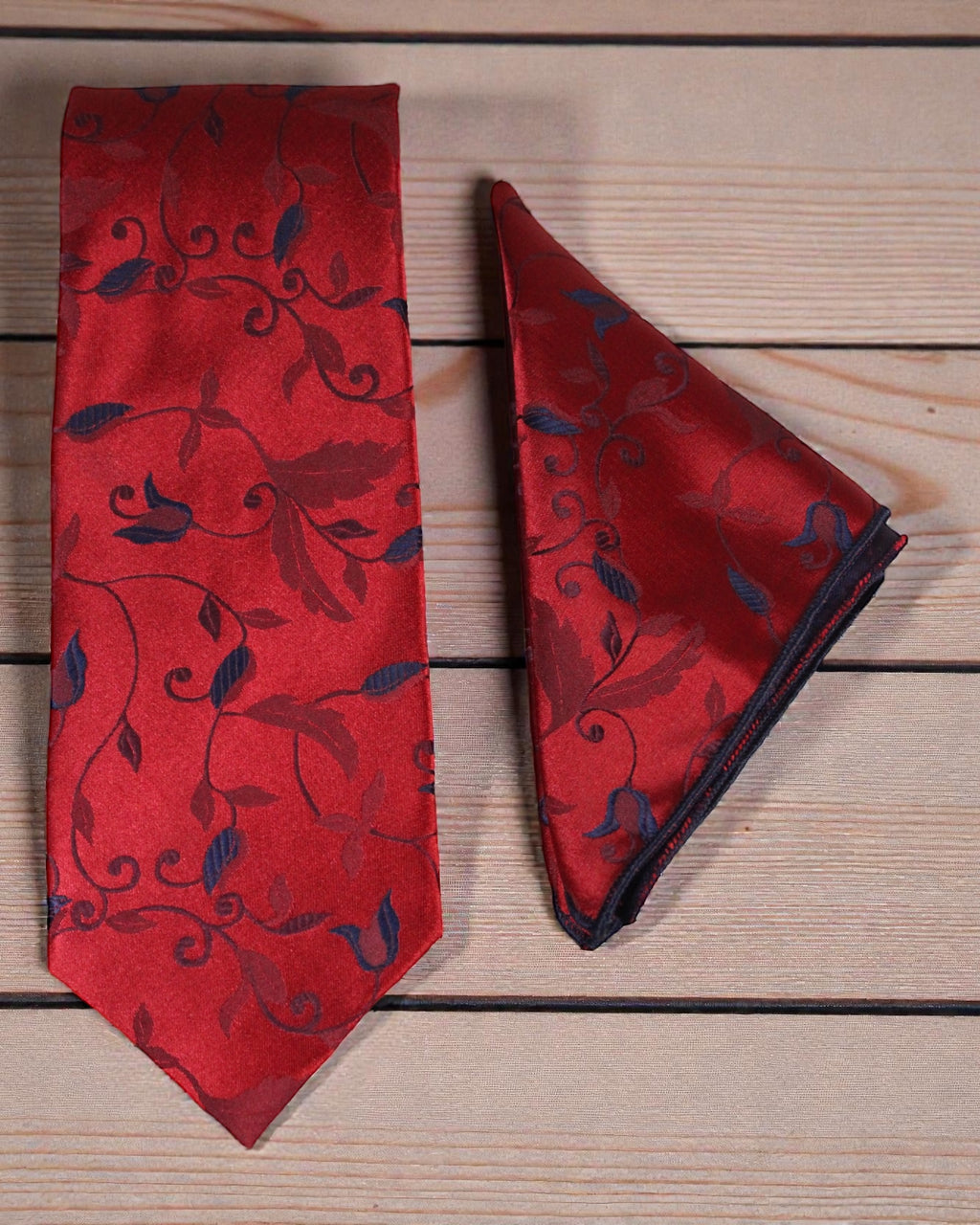 Crimson Red Floral Microsilk Tie & Pocket Square Set in Wooden Gift Box