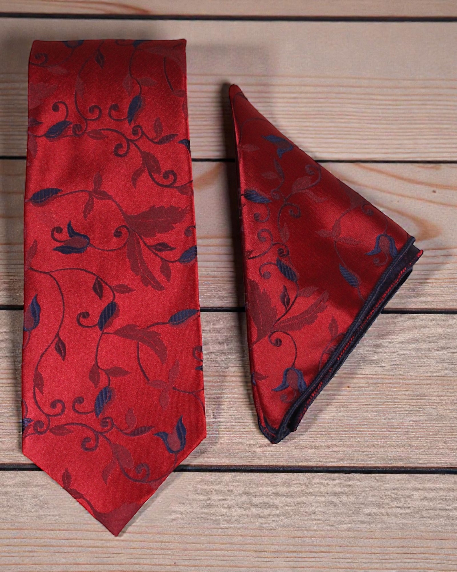 Crimson Red Floral Microsilk Tie & Pocket Square Set in Wooden Gift Box