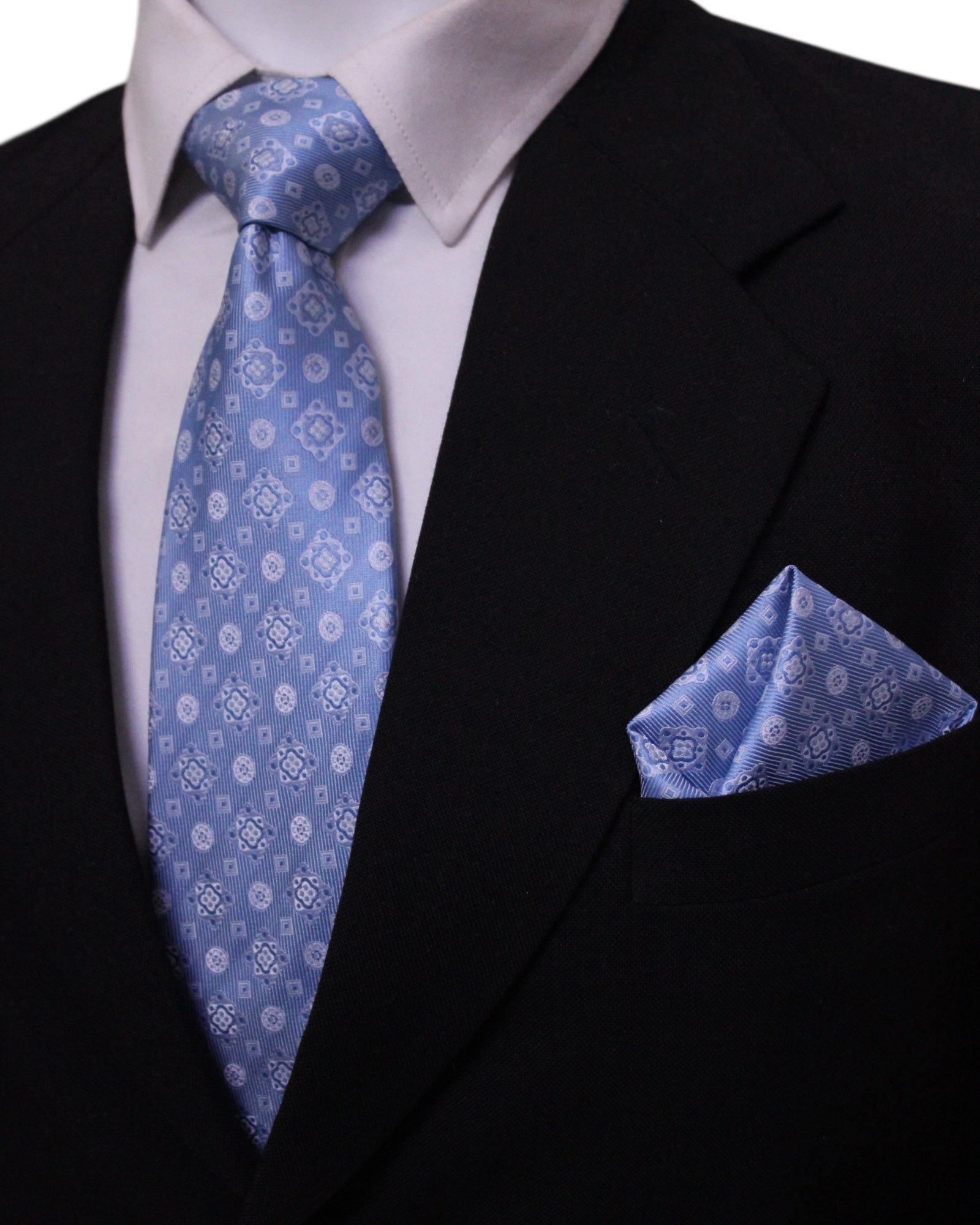 Sky Blue Geometric Microsilk Tie & Pocket Square Set in Wooden Gift Box