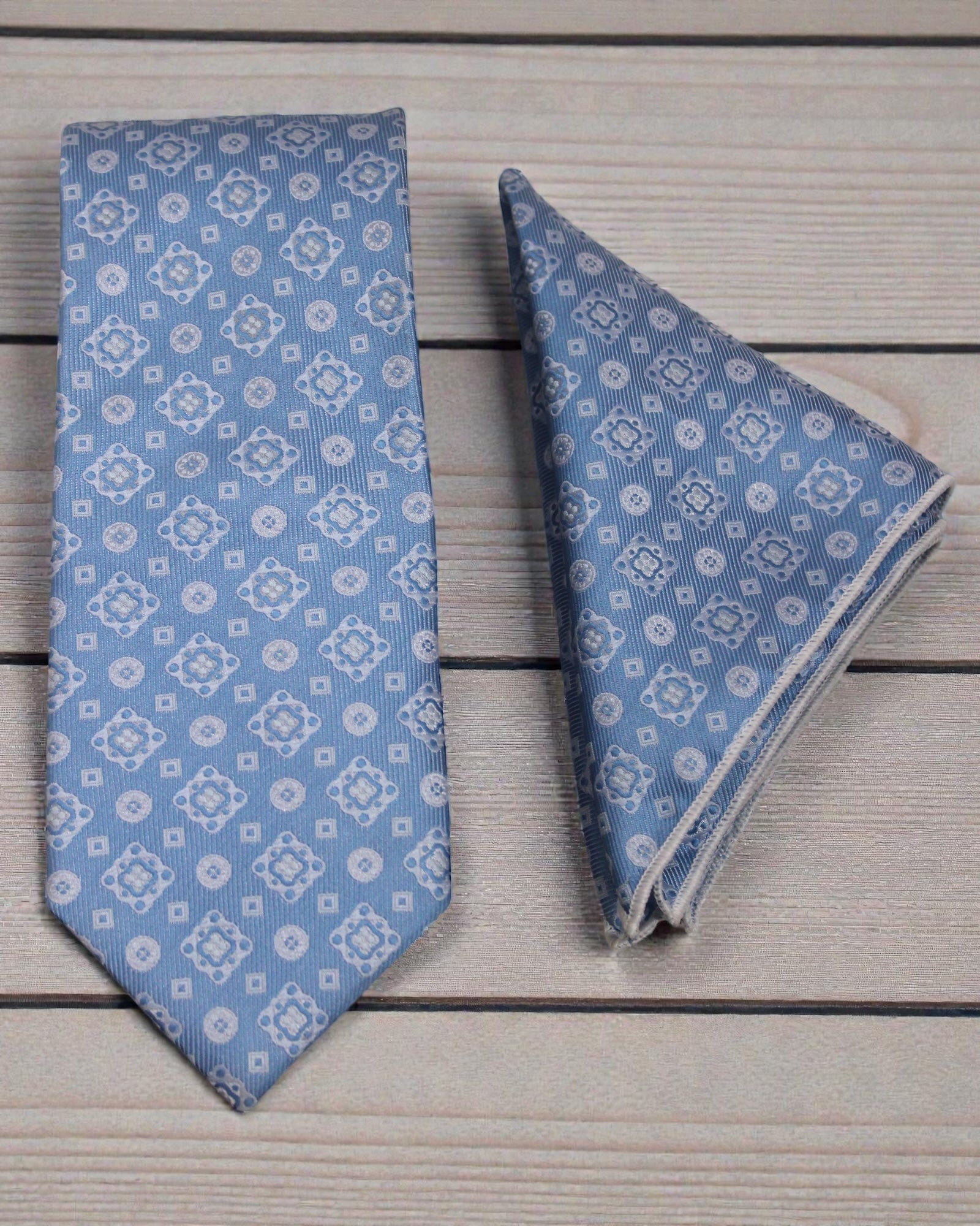Sky Blue Geometric Microsilk Tie & Pocket Square Set in Wooden Gift Box