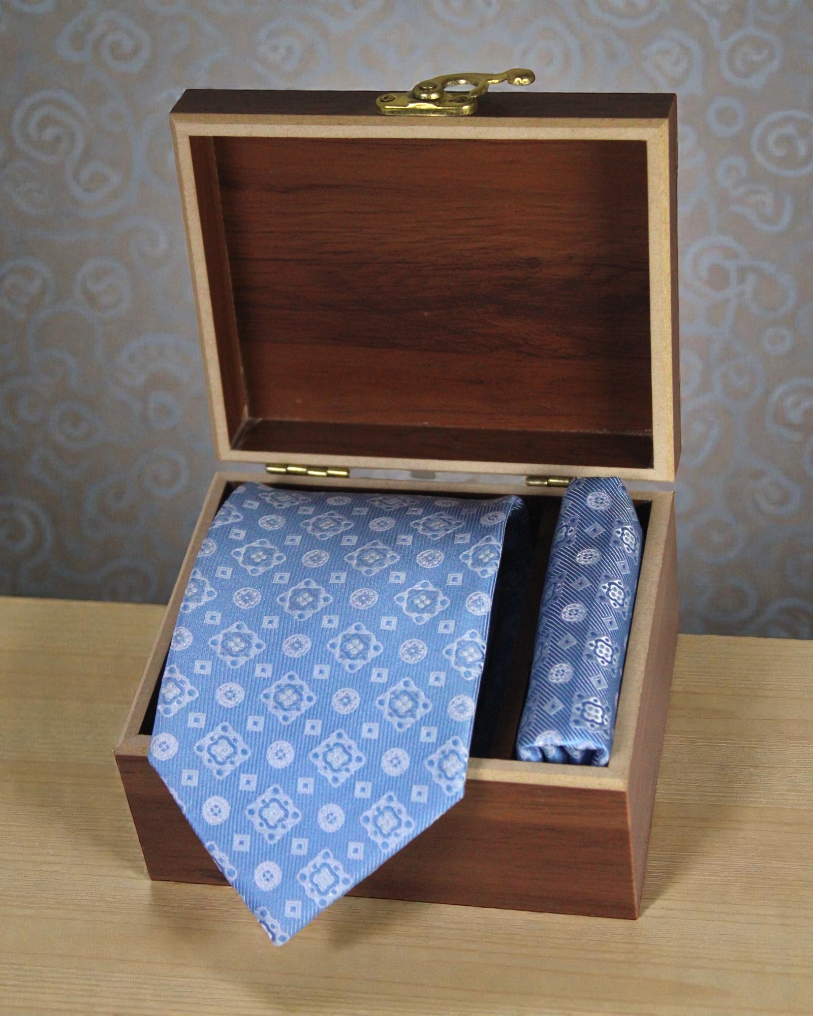 Sky Blue Geometric Microsilk Tie & Pocket Square Set in Wooden Gift Box